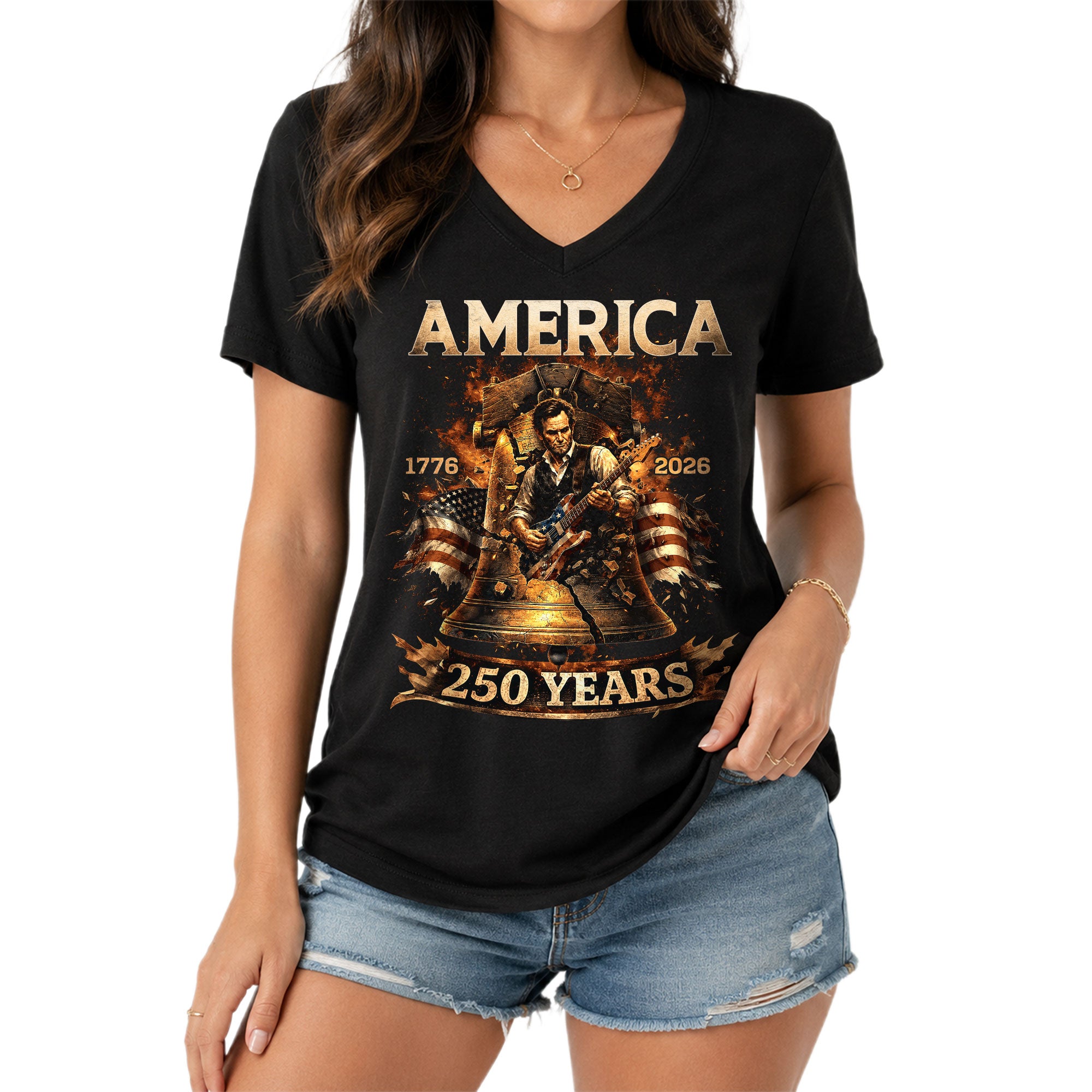 Liberty Bell Guitar V Neck Women T-Shirt Patriotic 1776-2026 America 250 Years Black Tee