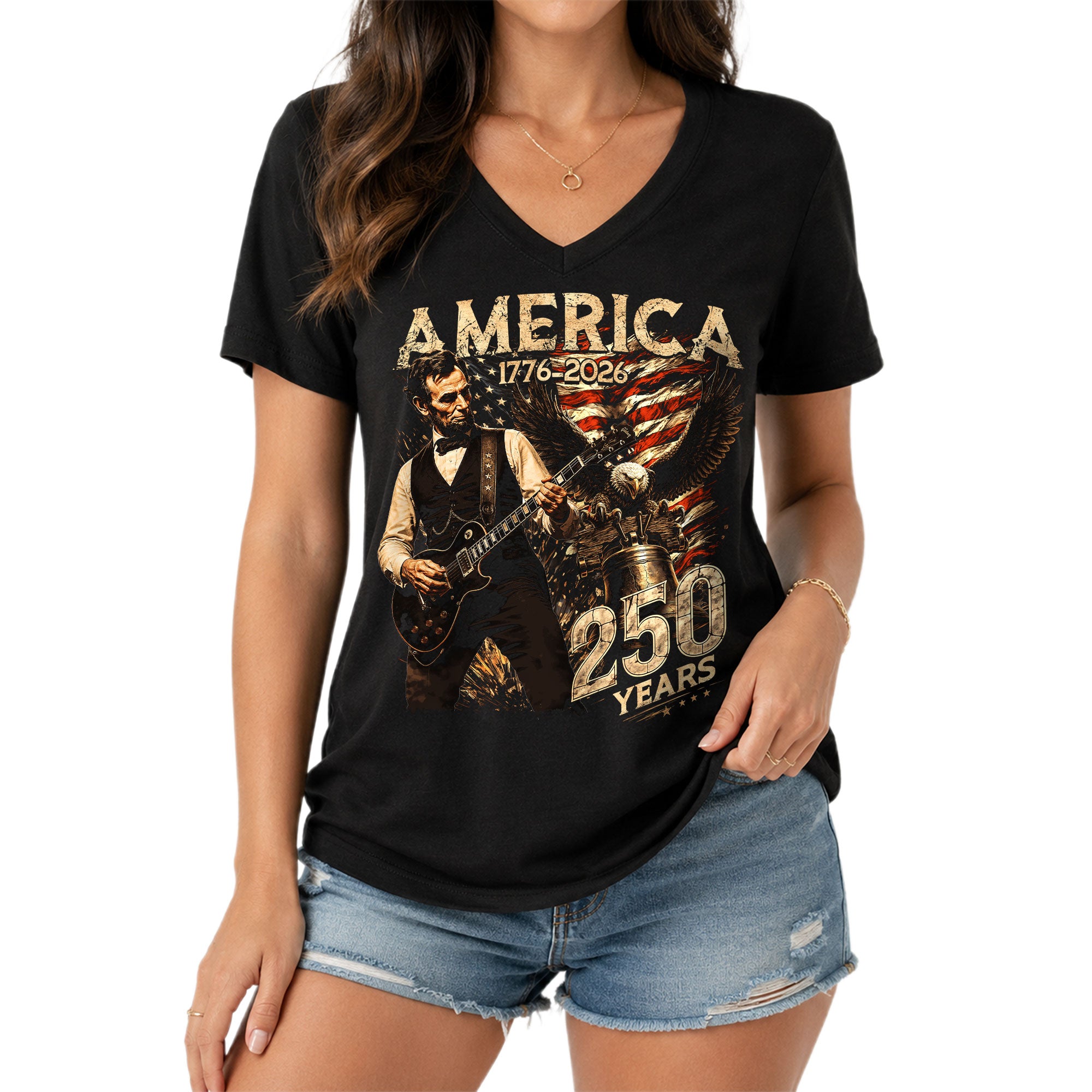 Vintage Lincoln V-Neck Shirt Patriotic Eagle 1776-2026 America 250 Years Women