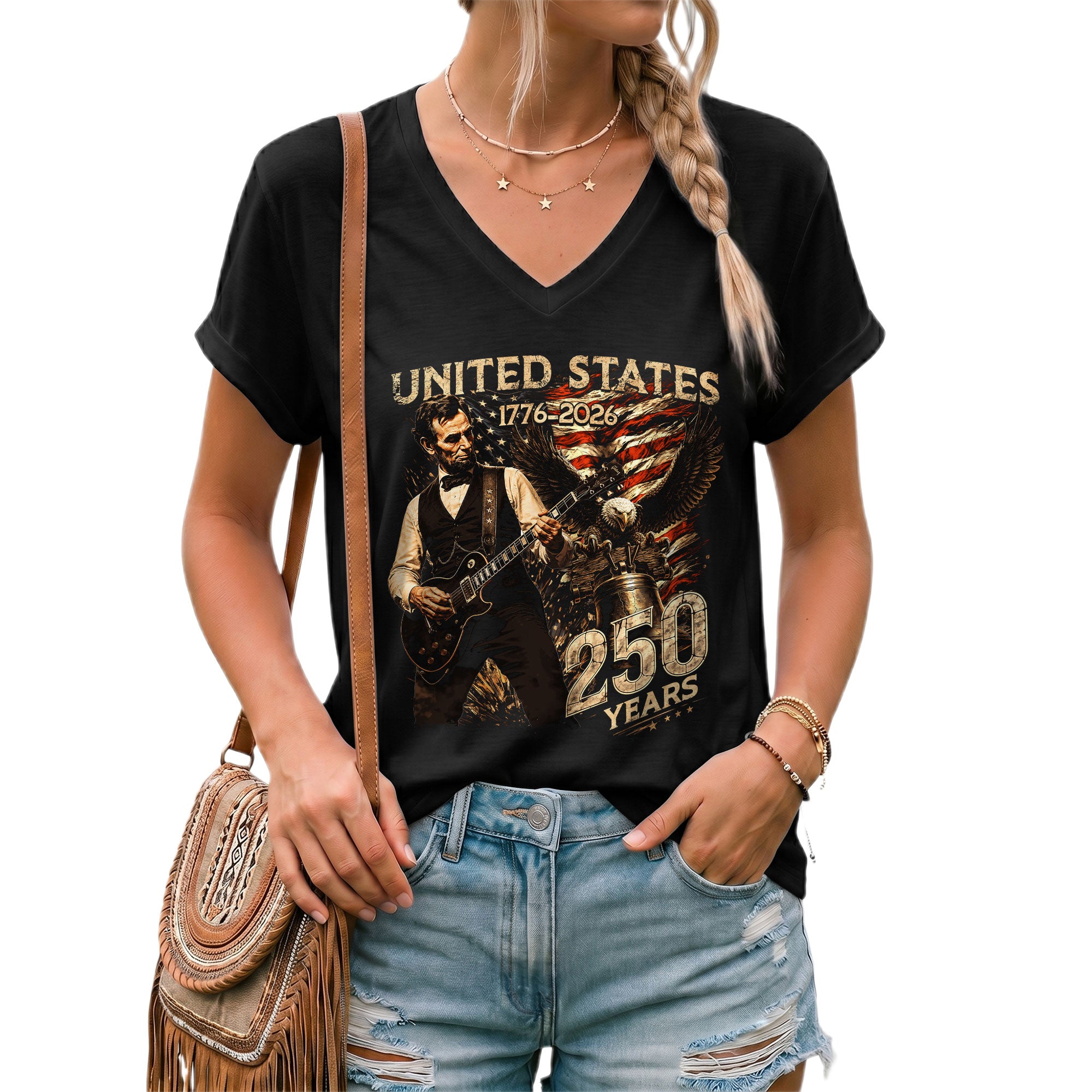 Vintage Lincoln V-Neck Shirt Patriotic Eagle 1776-2026 America 250 Years Women
