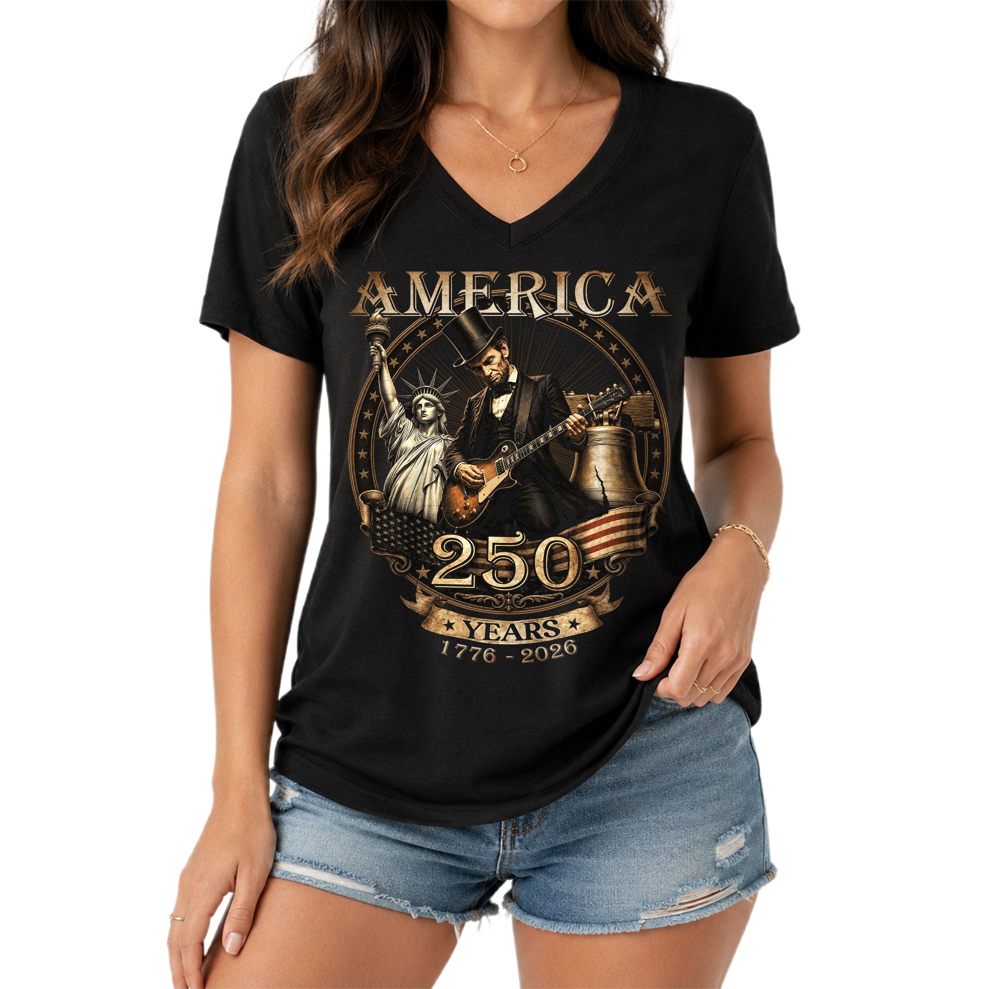 Lincoln Guitar V-Neck Shirt Soft Graphic Tee Patriotic 1776-2026 America 250 Years