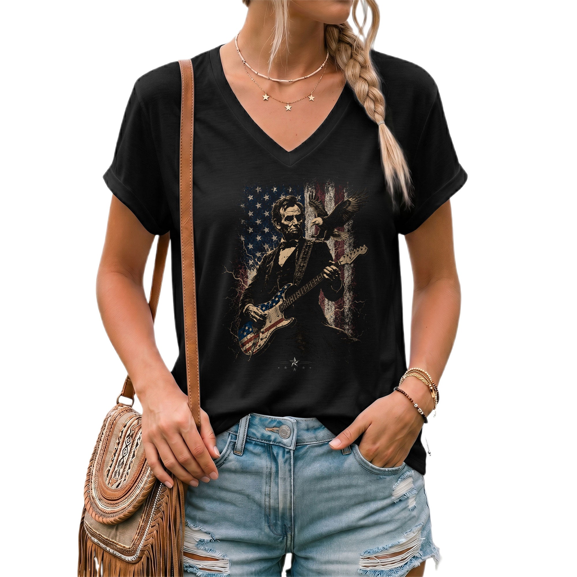 Abraham Lincoln Playing Guitar V-neck Shirt - Patriotic American Flag Graphic Tee