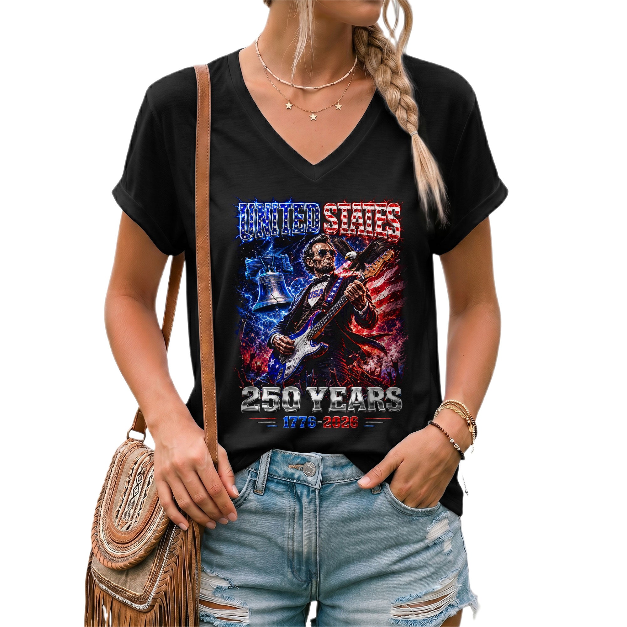 Vintage Abraham Lincoln Rocker V-neck Shirt - Patriotic USA 1776-2026 Graphic Apparel