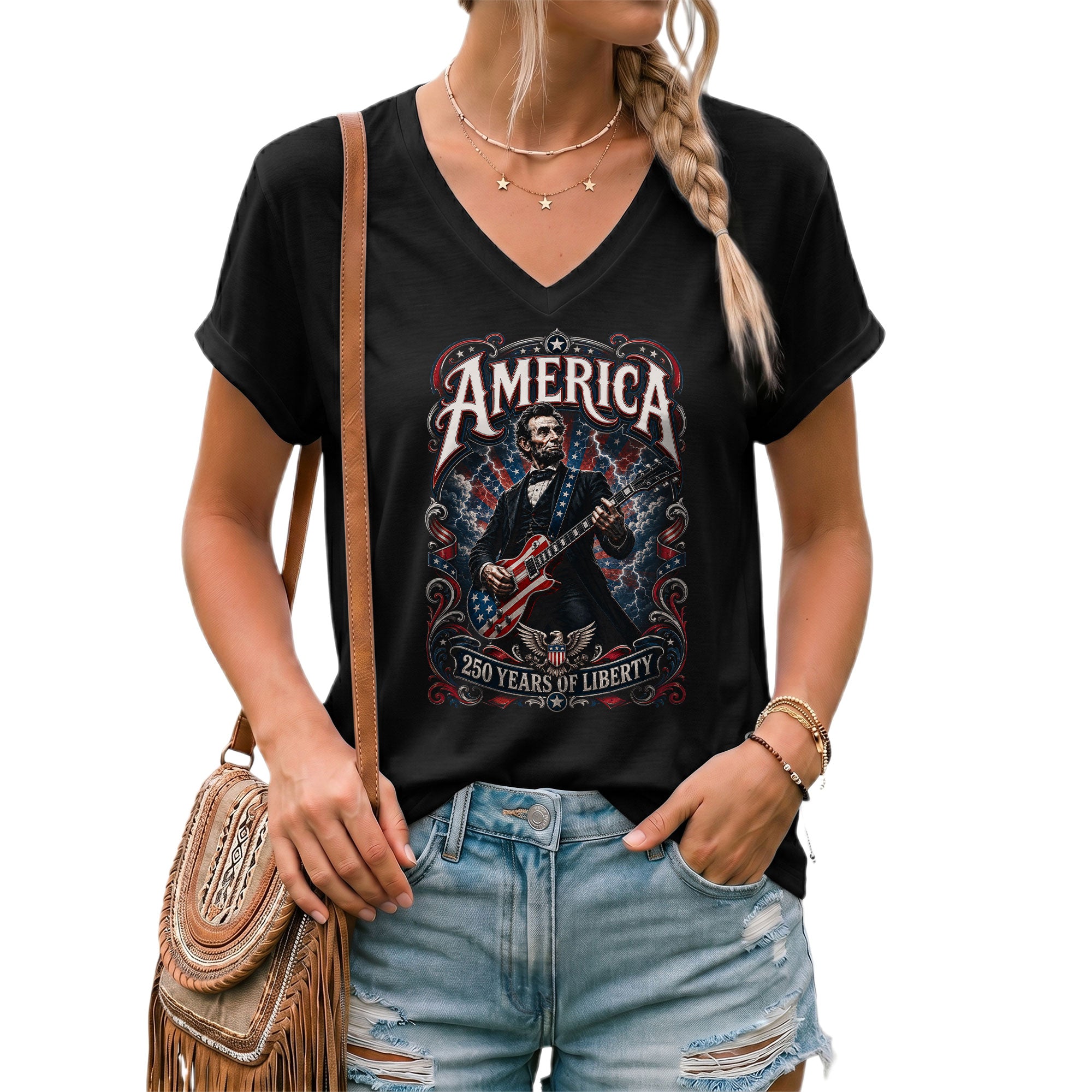 Patriotic Abraham Lincoln Guitarist V-neck Shirt - 250 Years of Liberty Graphic Apparel