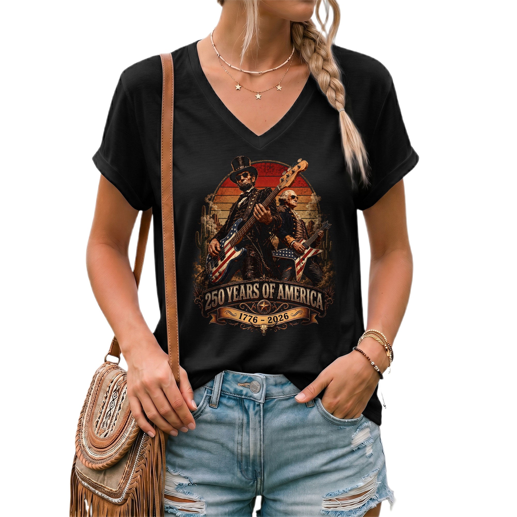 250 Years of America Rocking Icons V-neck Shirt - Vintage Patriotic Music Graphic Tee