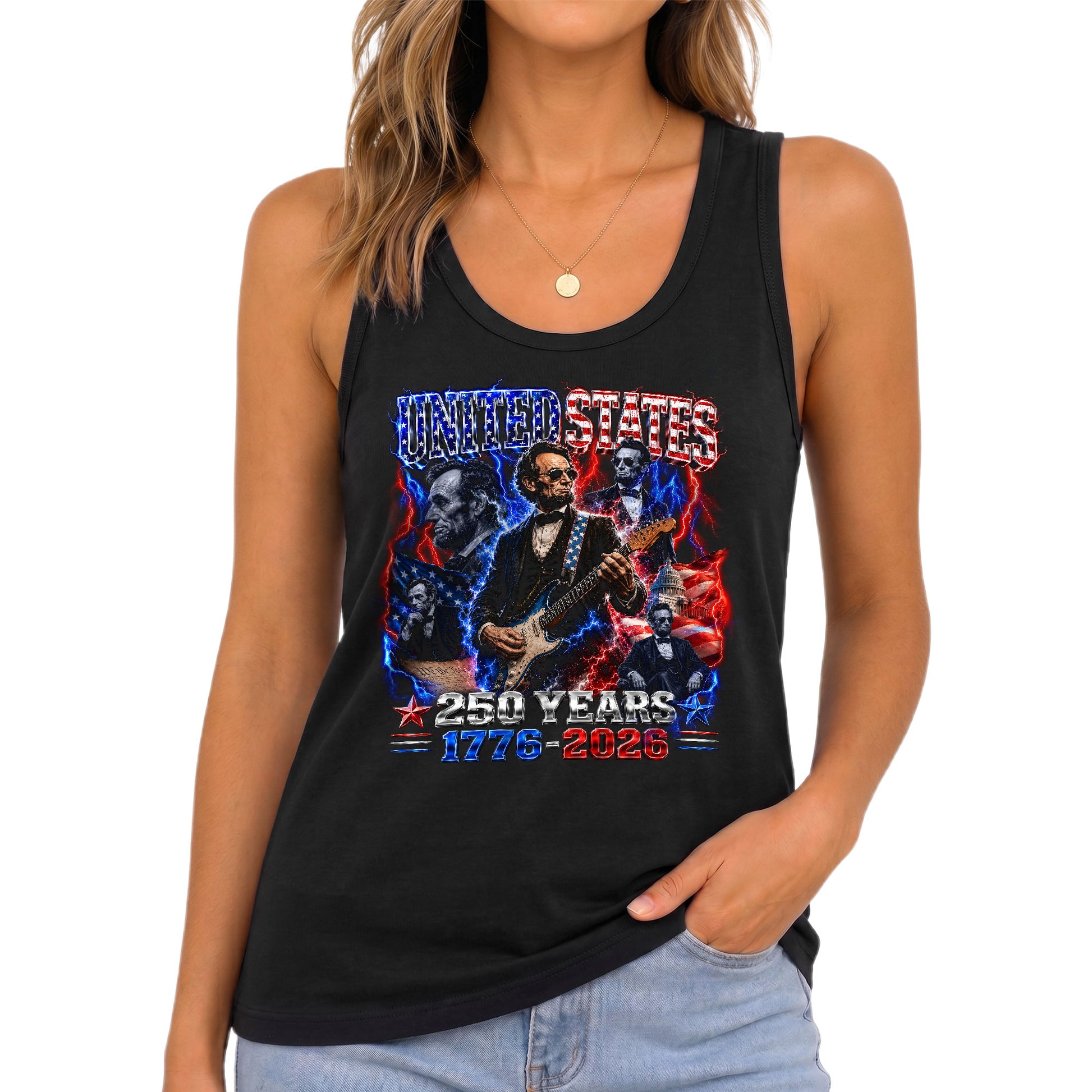1776-2026 Lincoln Patriotic Women Tank Top - Graphic Sleeveless Summer Shirt Item - Rust Field Wear