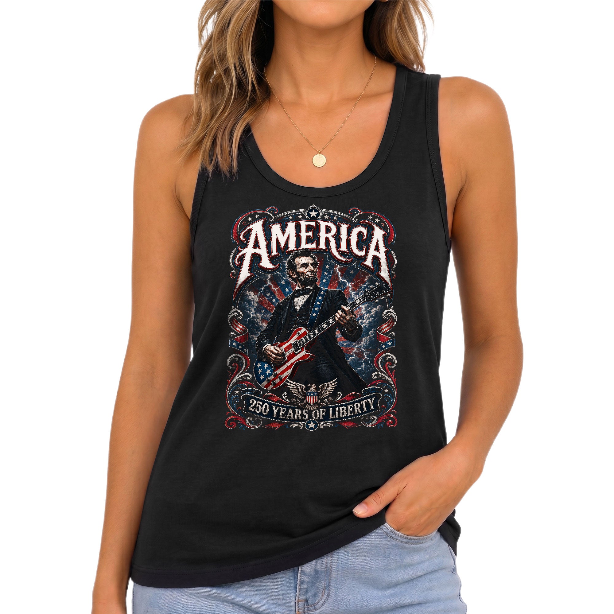 Lincoln Women Tank Top 250 Years of Liberty Patriotic USA Rock Guitarist History Shirt