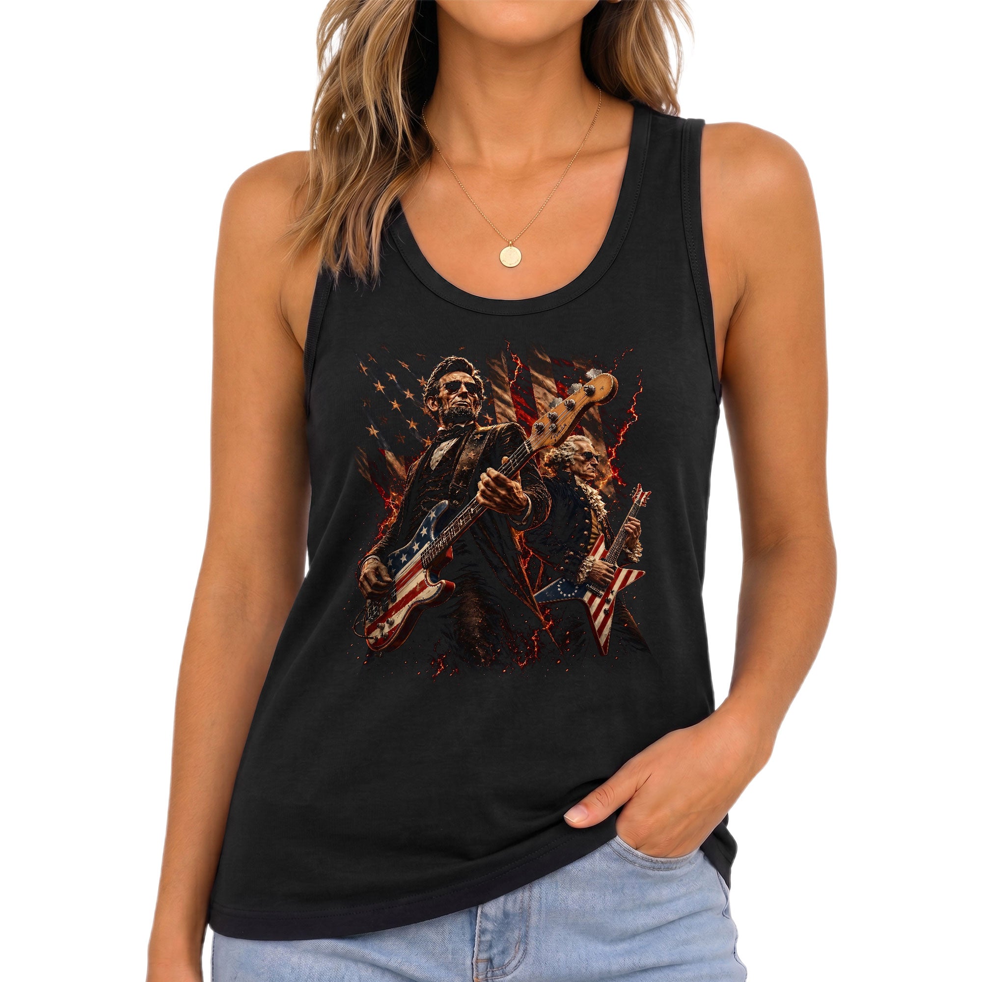 Lincoln Women Tank Top Patriotic Presidents Rock Guitarist US Flag Founding Fathers Shirt