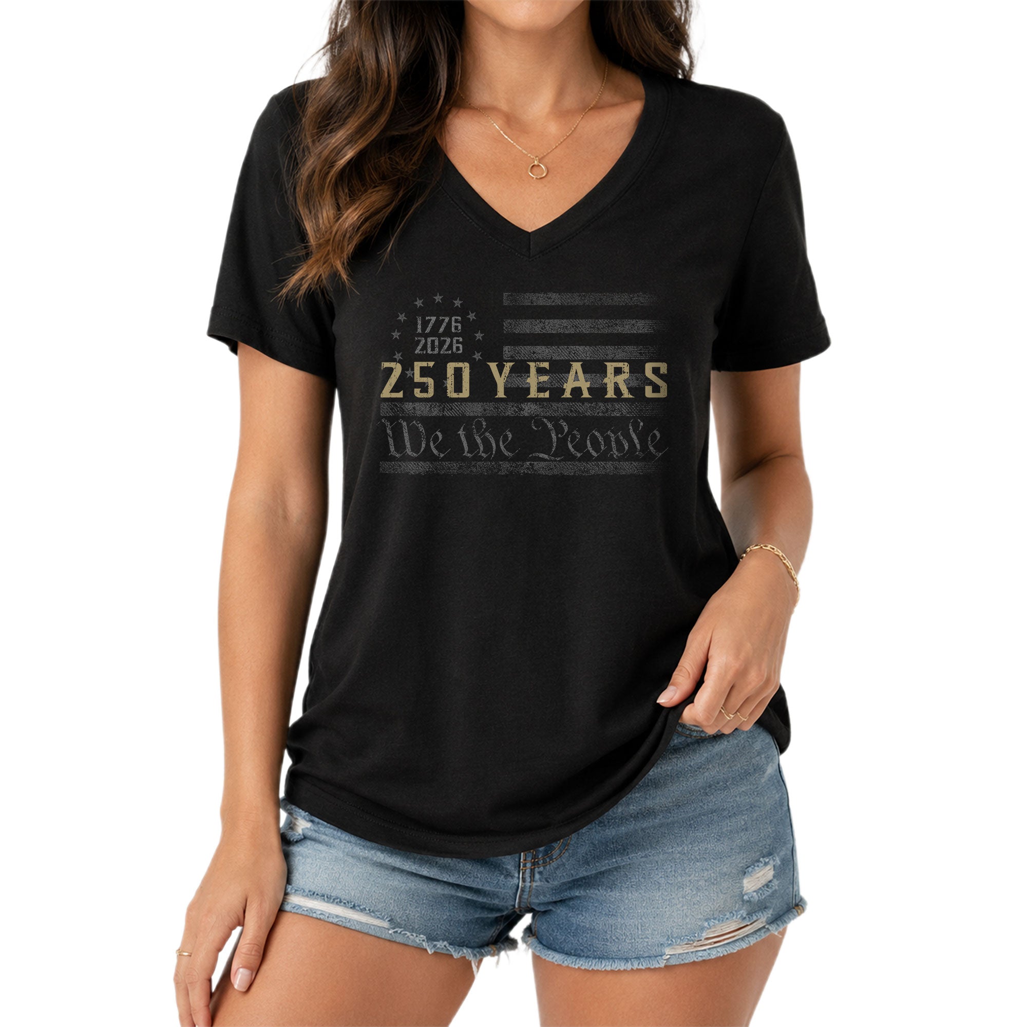 Patriotic V-Neck T-Shirt Women 1776-2026 250 Years We The People Historical Graphic
