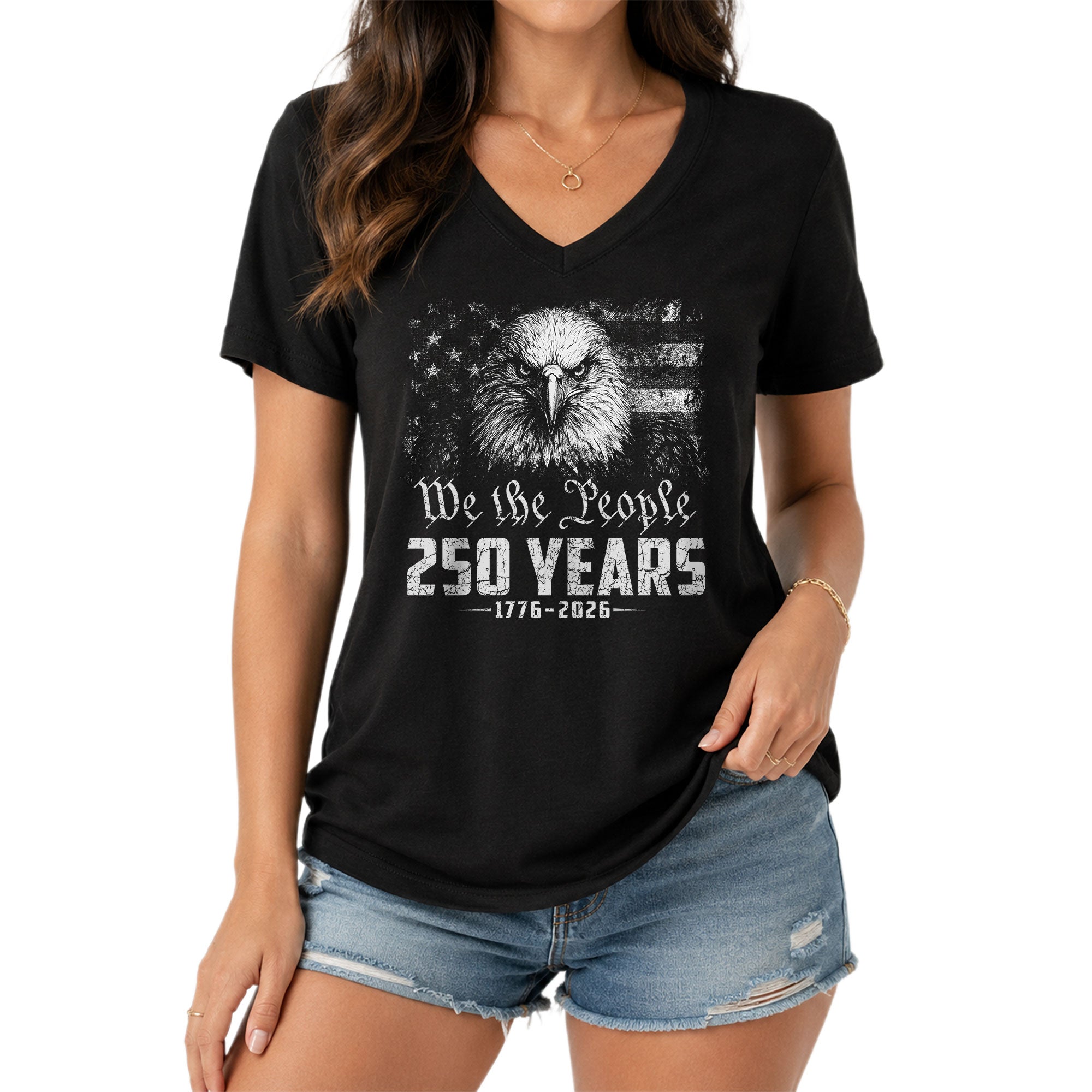 Women's V-Neck Graphic T-Shirt Eagle 1776-2026 Patriotic Design We The People Top