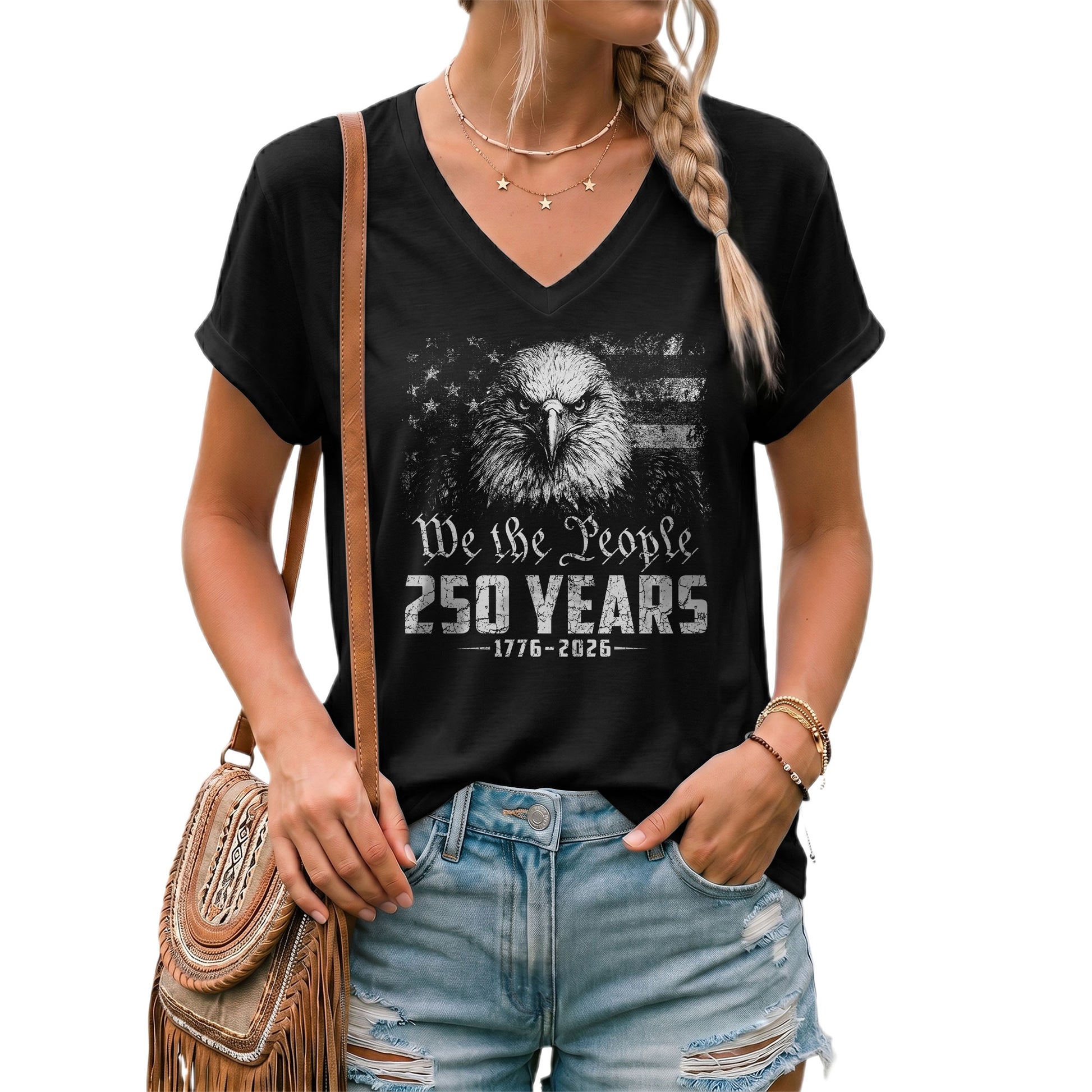 Women's V-Neck Graphic T-Shirt Eagle 1776-2026 Patriotic Design We The People Top - Rust Field Wear