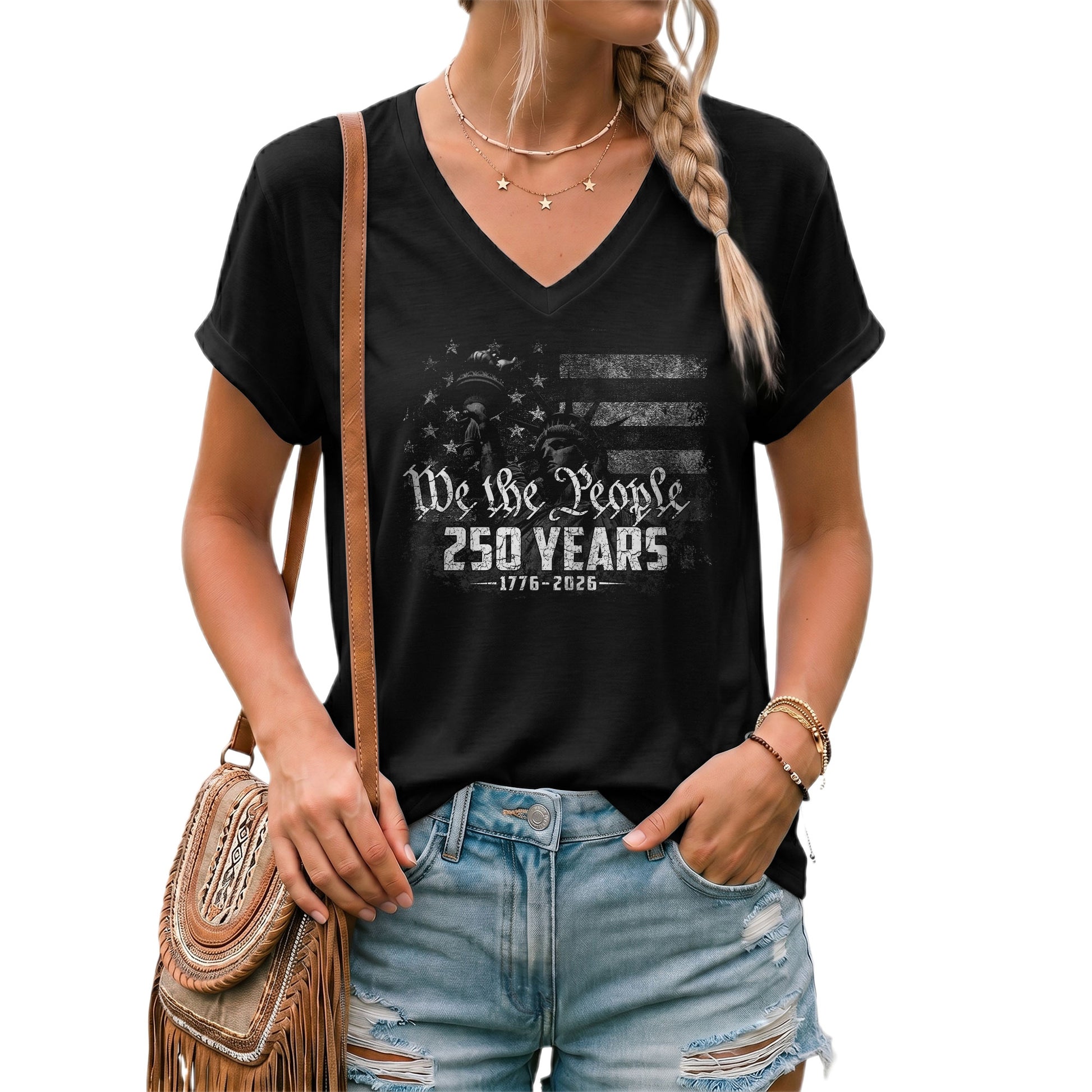 Women's Statue of Liberty V-Neck Tee "We The People" 1776-2026 Patriotic Apparel - Rust Field Wear
