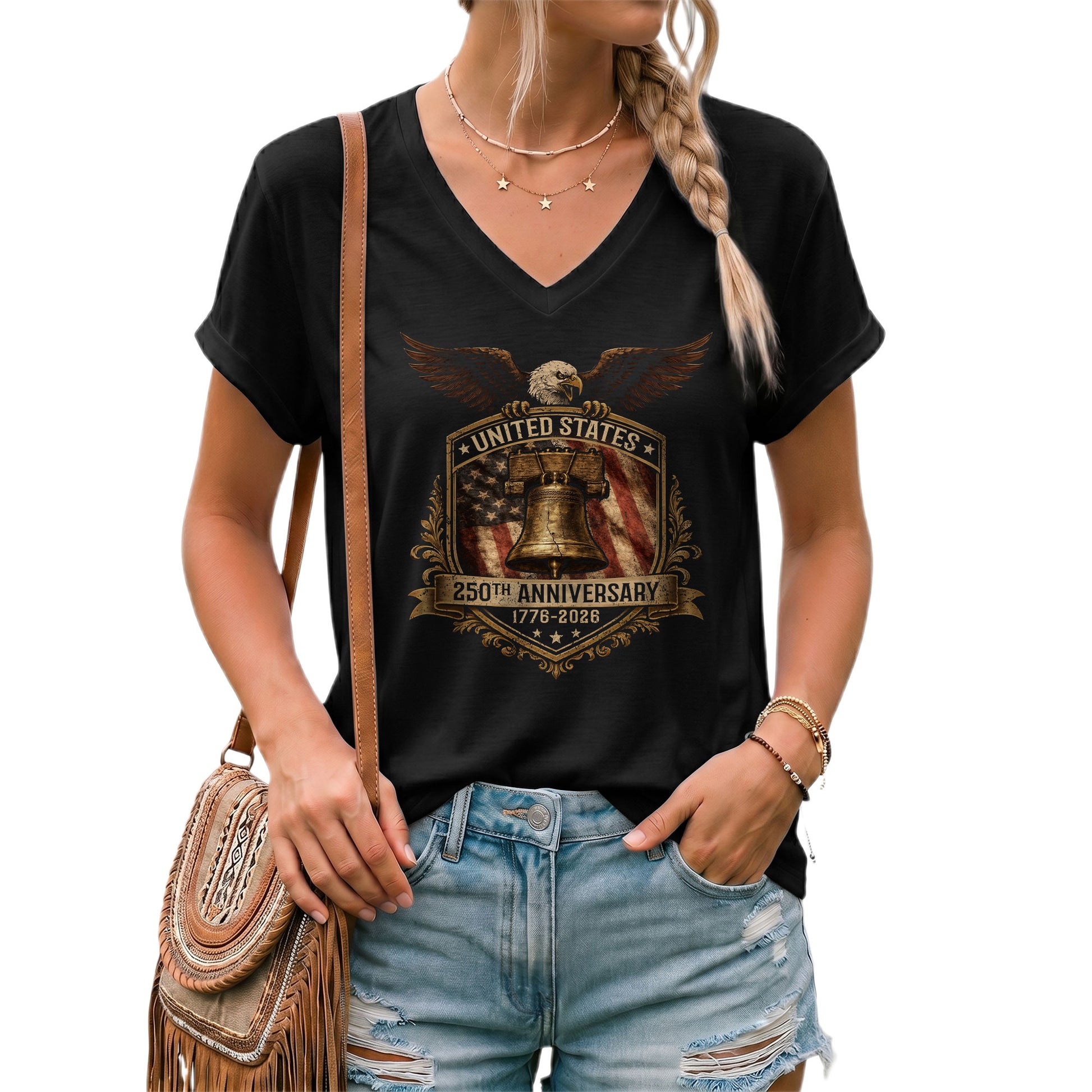 Women's Graphic V-Neck T-Shirt US 250 Years 1776-2026 Anniversary Patriotic Design - Rust Field Wear