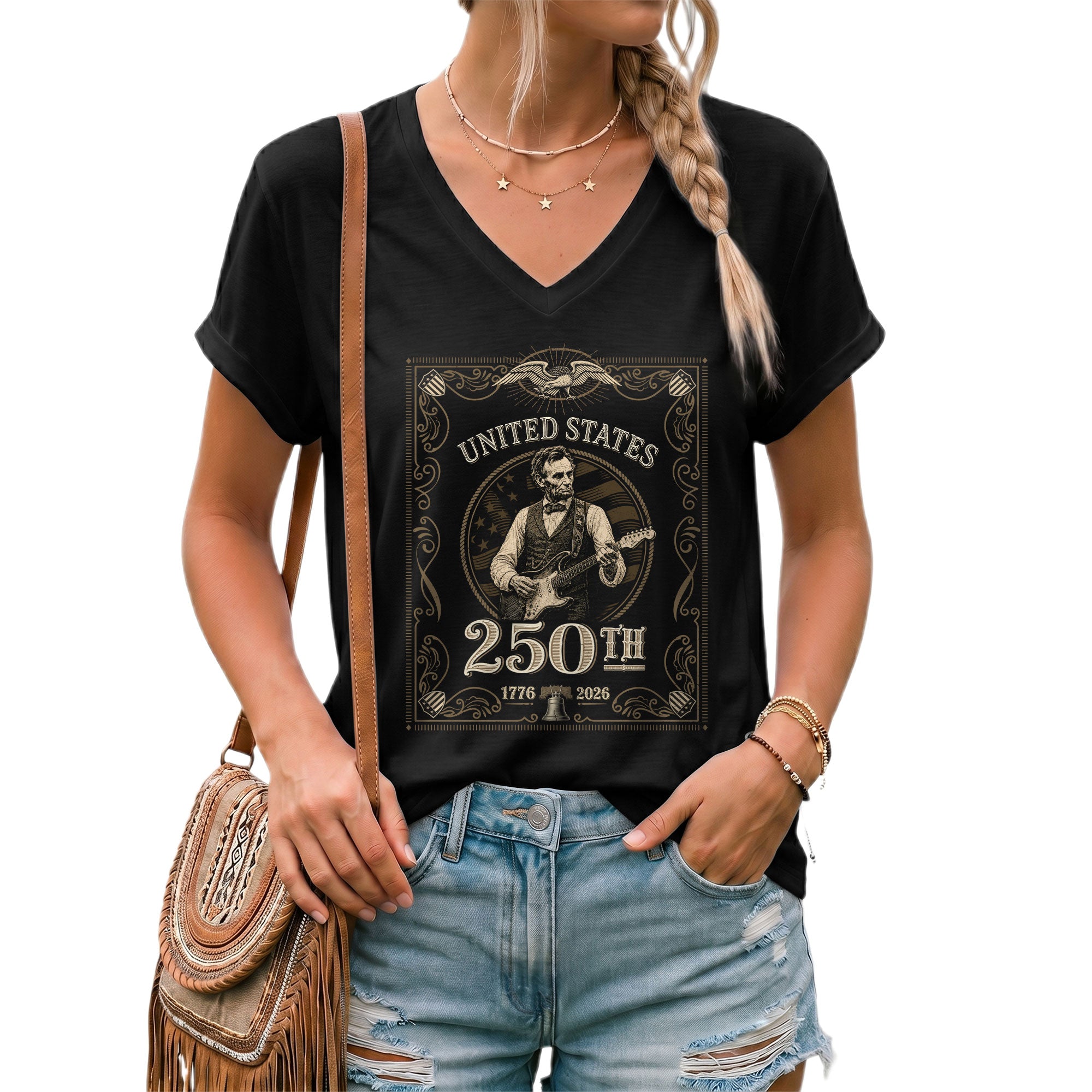 Vintage Lincoln V-Neck Shirt Patriotic 1776-2026 America 250th Anniversary Tee
