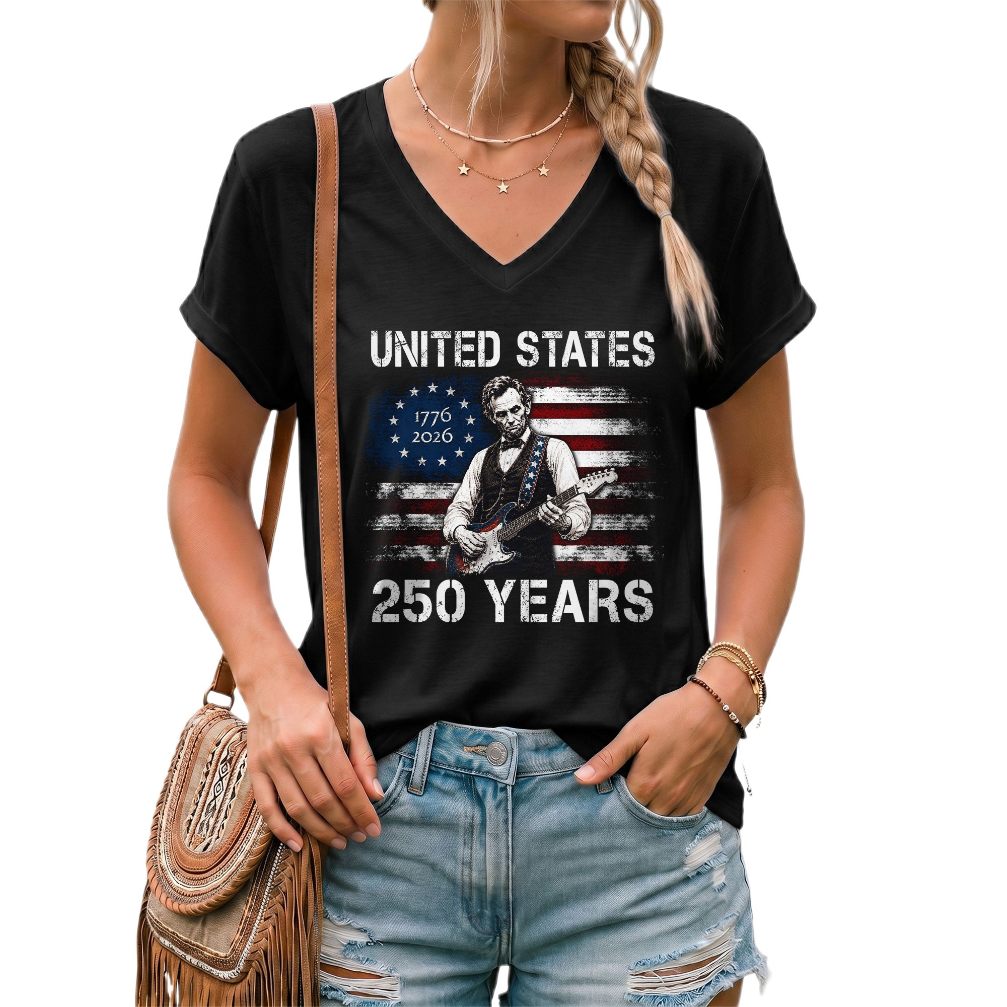 Rock Lincoln 1776-2026 Patriotic V-Neck T-Shirt - Women's Graphic Summer Casual Tee