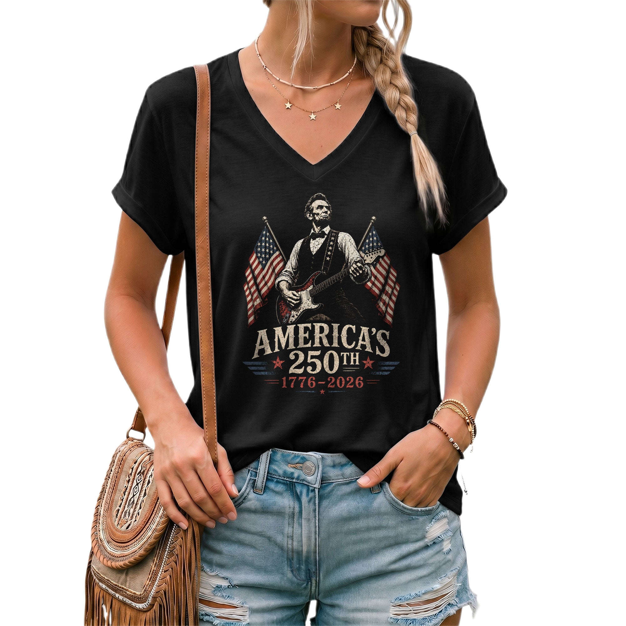 Women's V-Neck Patriotic Tee Abraham Lincoln Guitarist 1776-2026 Anniversary Shirt