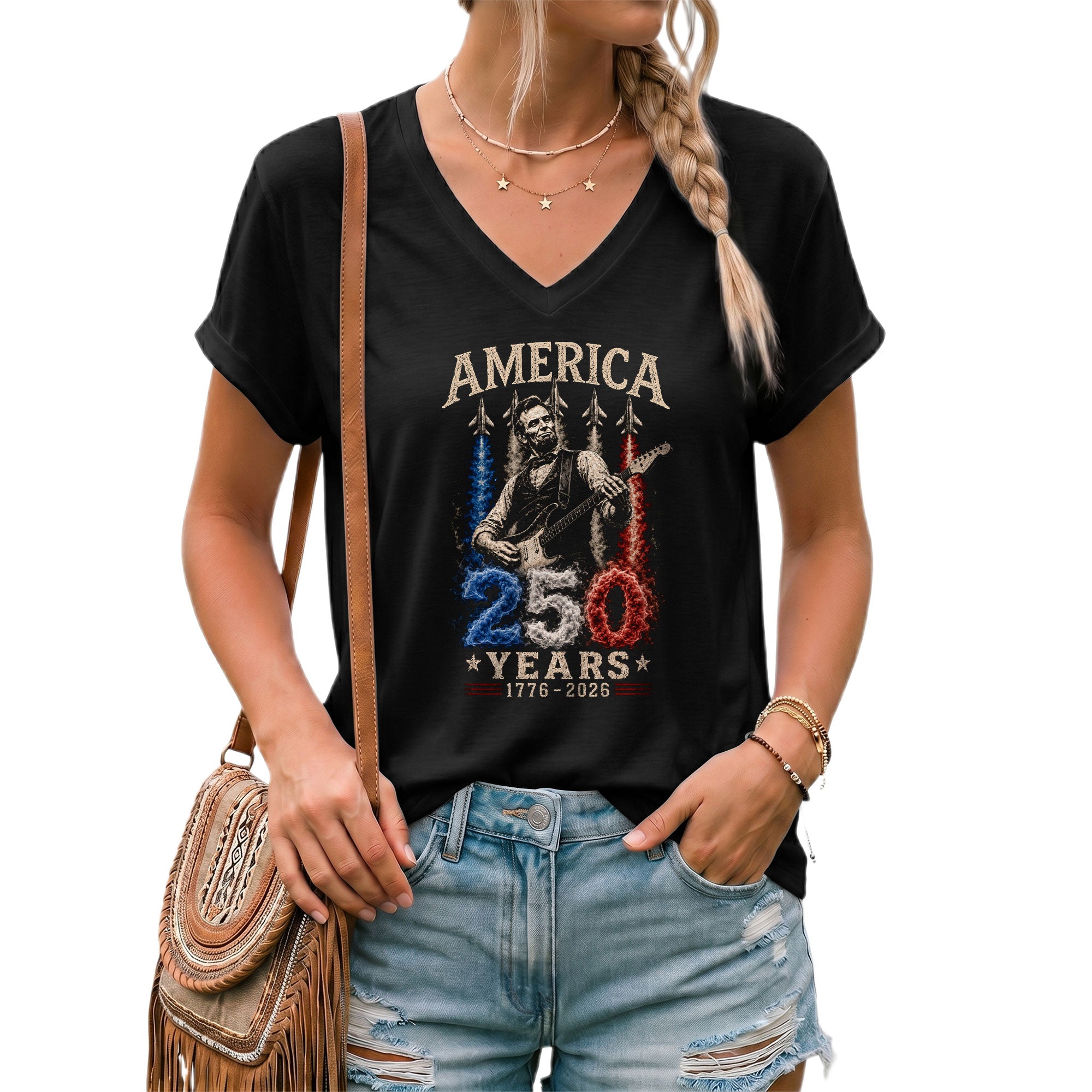 Patriotic V-Neck T-Shirt Women Lincoln Playing Guitar 1776-2026 Jet Graphic Top