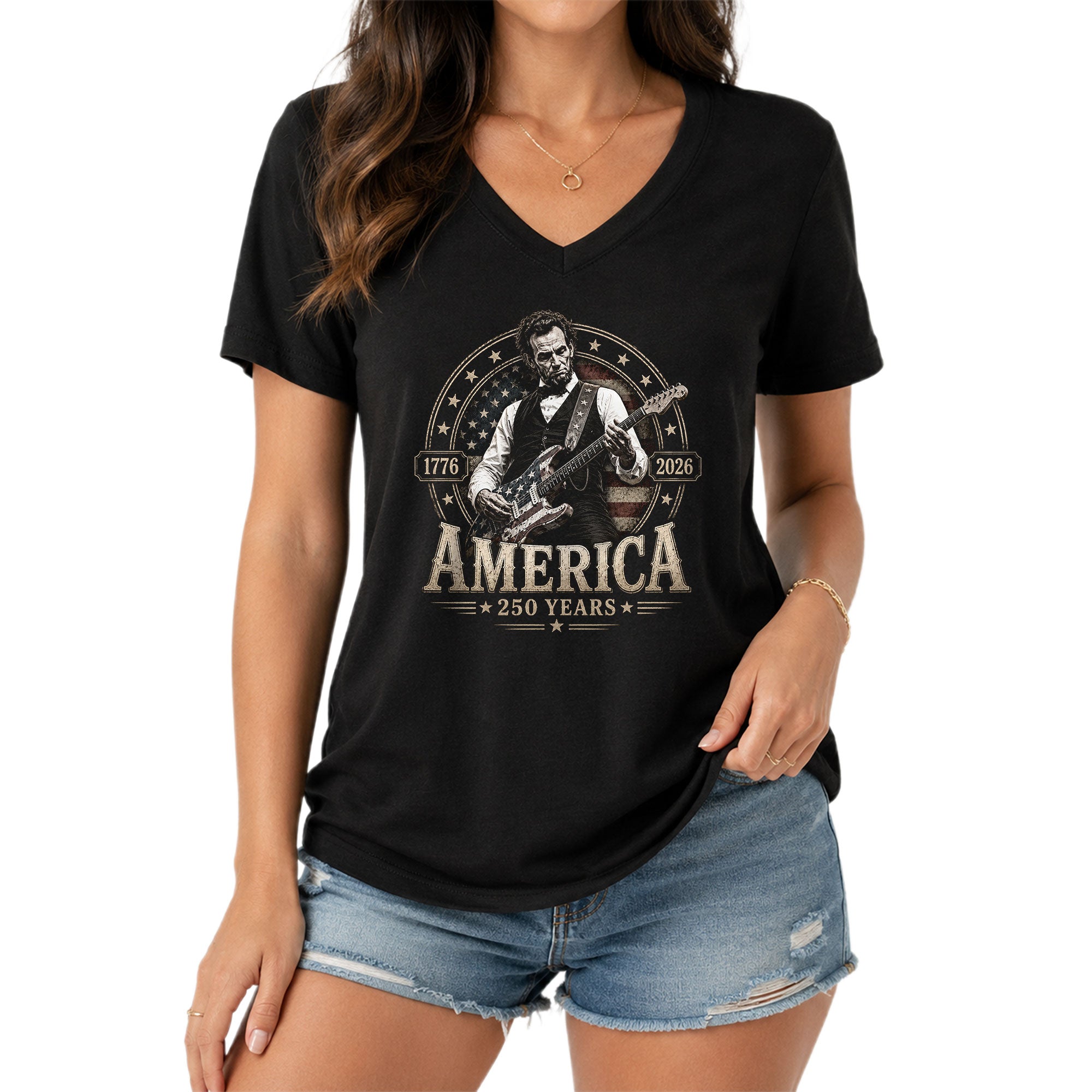 Lincoln Guitarist Graphic V-Neck Shirt Women's America 250 Years 1776-2026 Patriotic