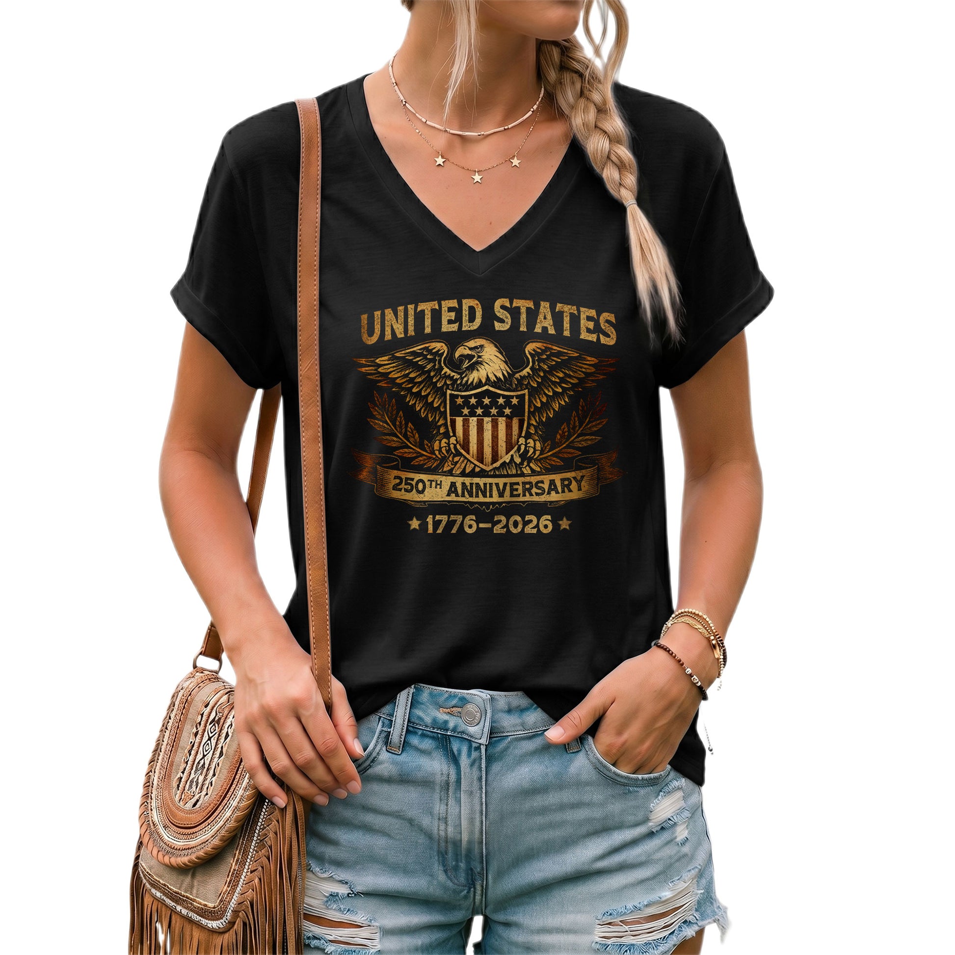 Women's V-Neck Graphic Tee Patriotic Eagle Shield Print 1776-2026 Historical Vintage Top - Rust Field Wear