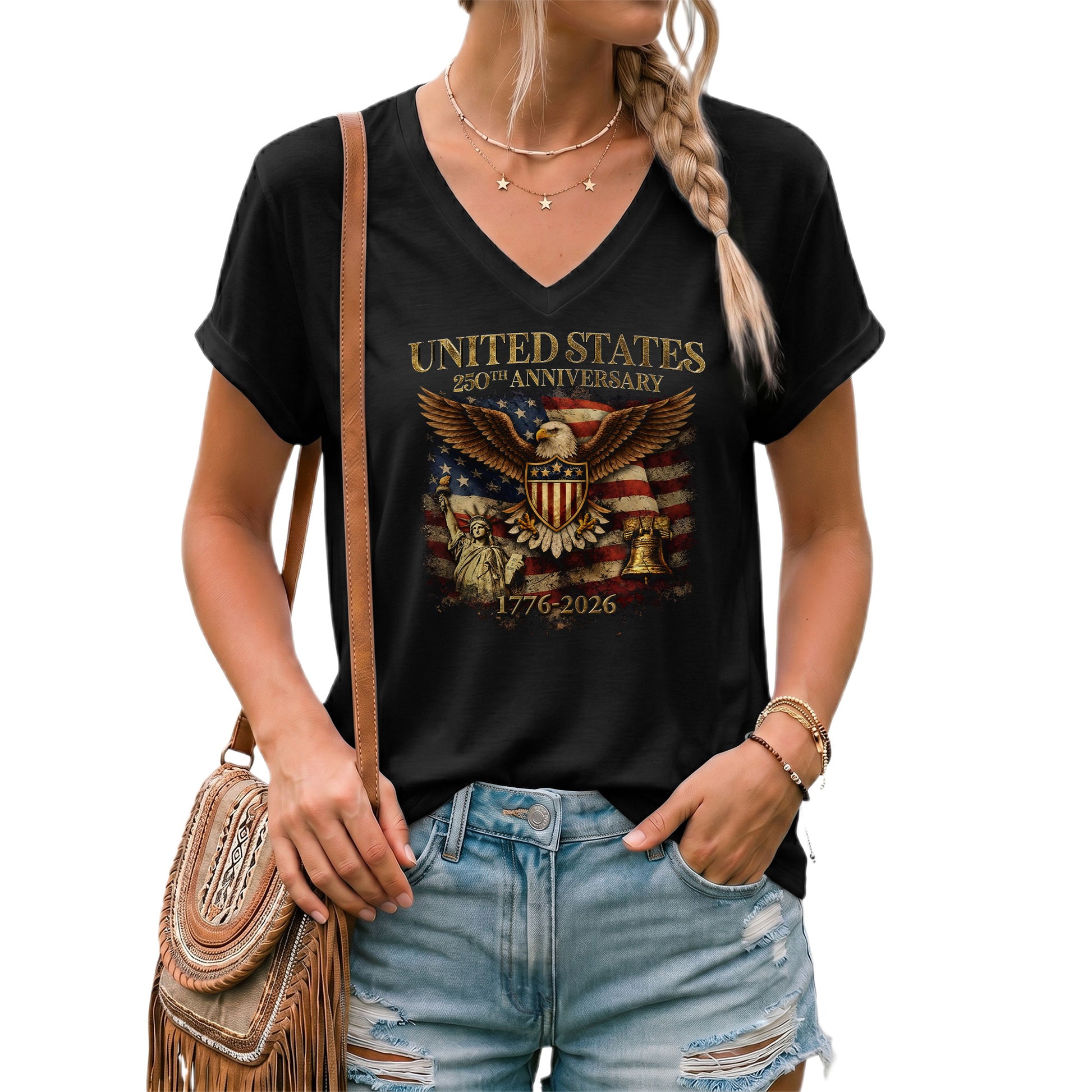Women's V-Neck Graphic T-Shirt Eagle Statue of Liberty 1776-2026 Patriotic Apparel - Rust Field Wear
