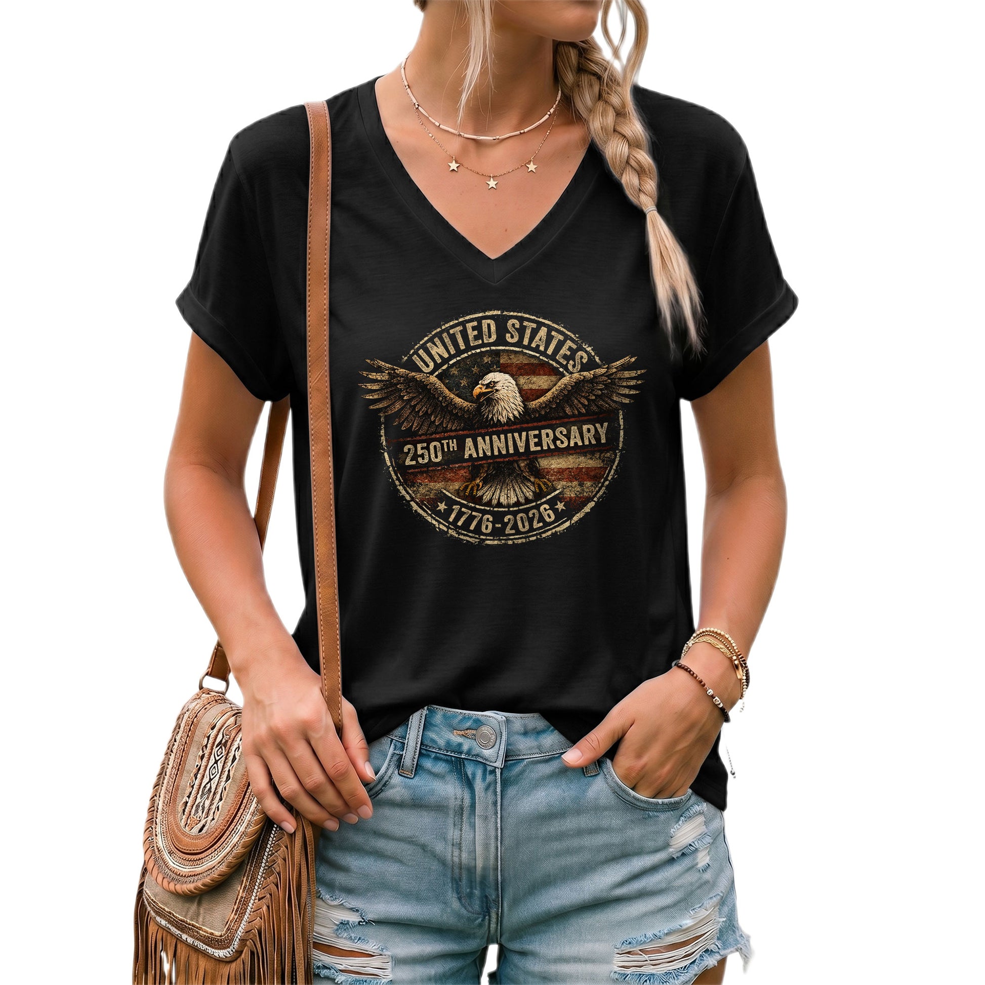 Women's V-Neck Patriotic Graphic Tee United States Eagle 1776-2026 Historical Shirt - Rust Field Wear