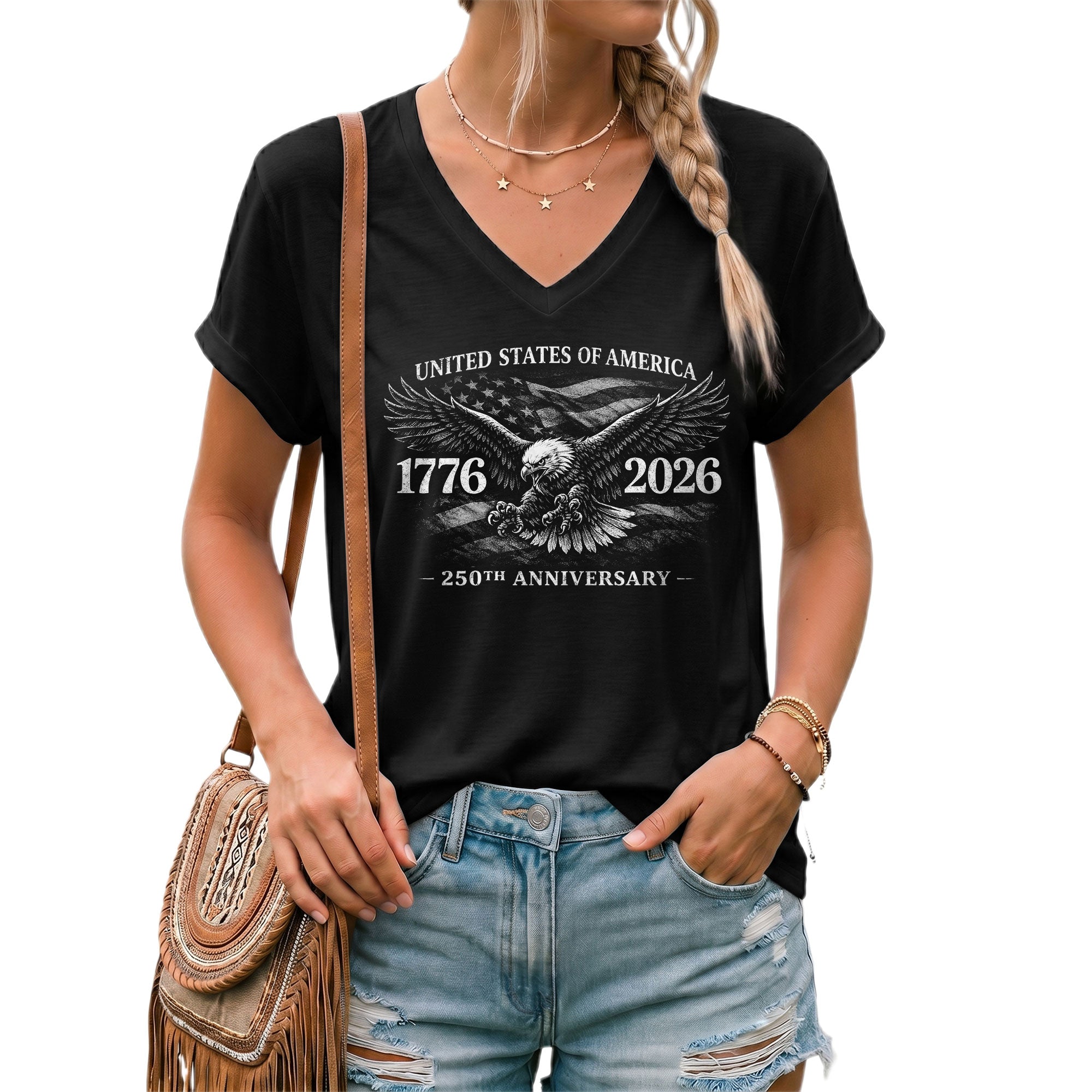 Patriotic V-Neck T-Shirt Women Eagle 1776-2026 Graphic United States History Casual Tee