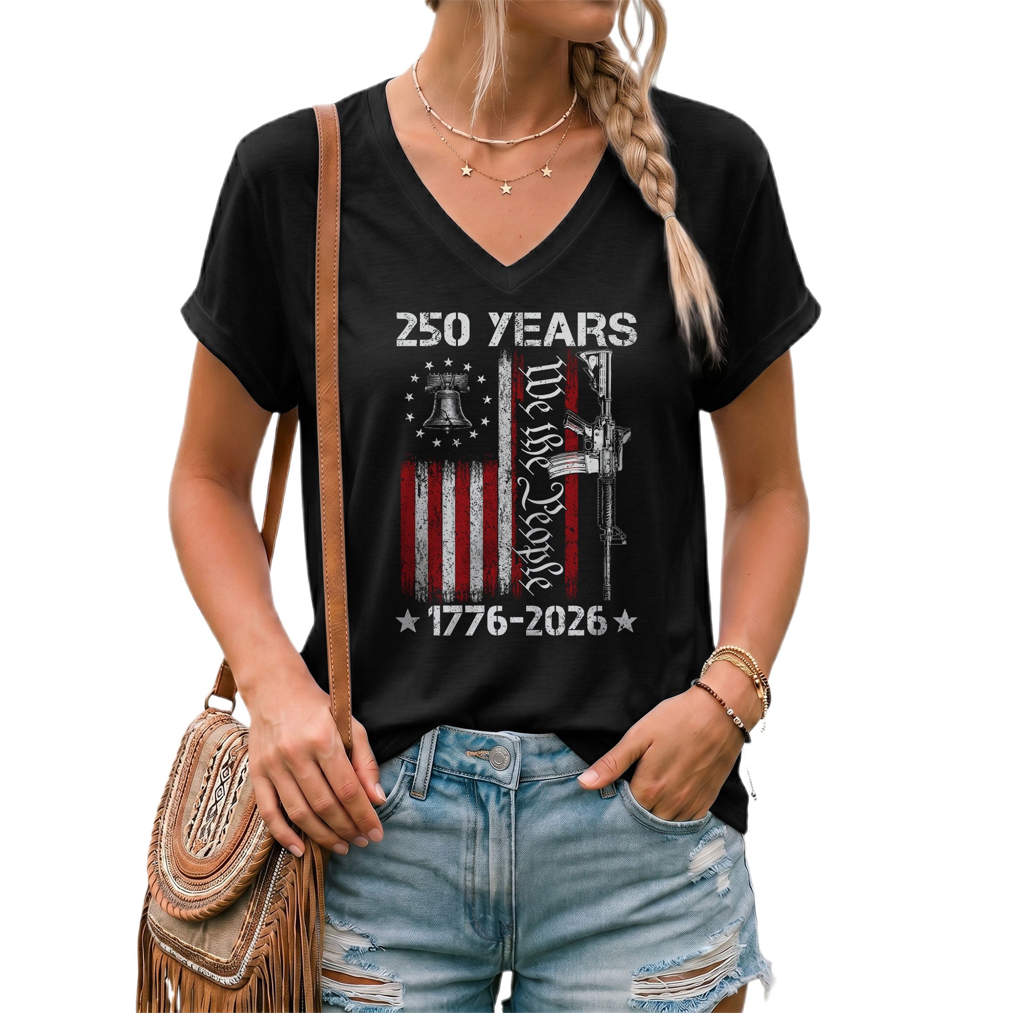 V-Neck T-Shirt Women Patriotic We The People 1776-2026 Liberty Bell Graphic Tee