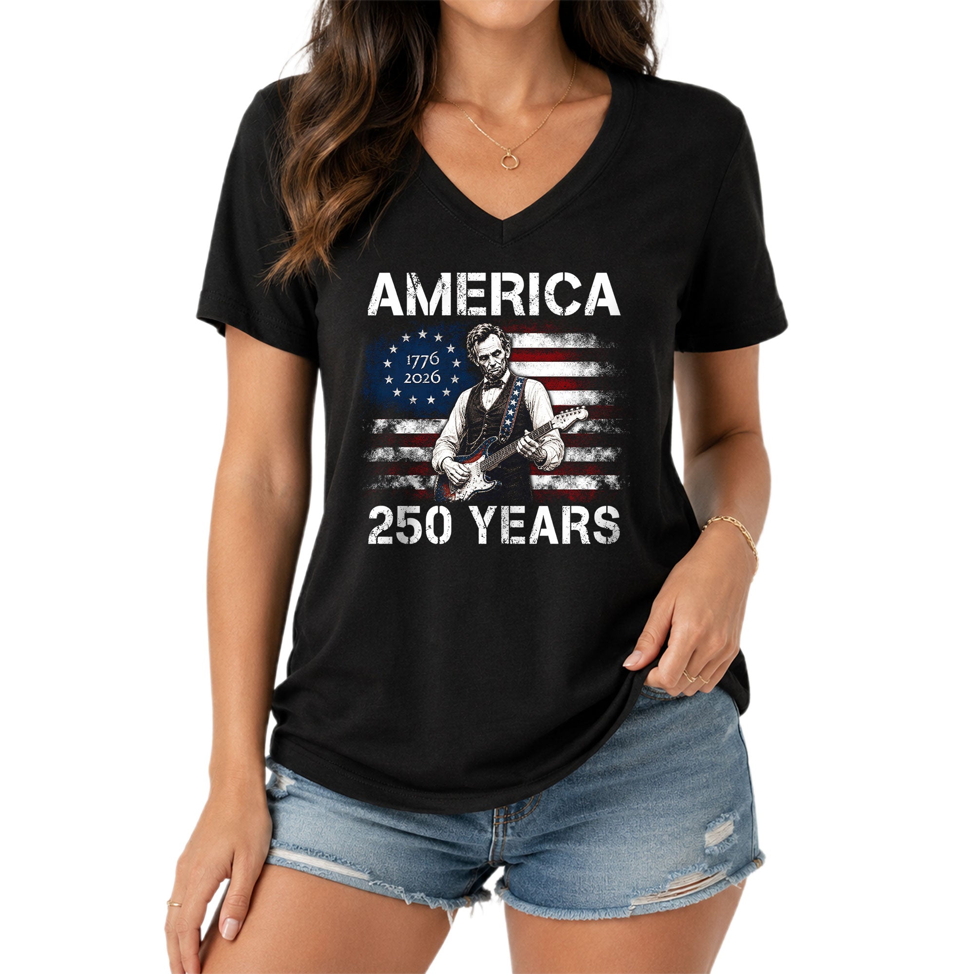 Rock Lincoln V Neck T-Shirt Patriotic 1776-2026 America 250 Years Women Graphic
