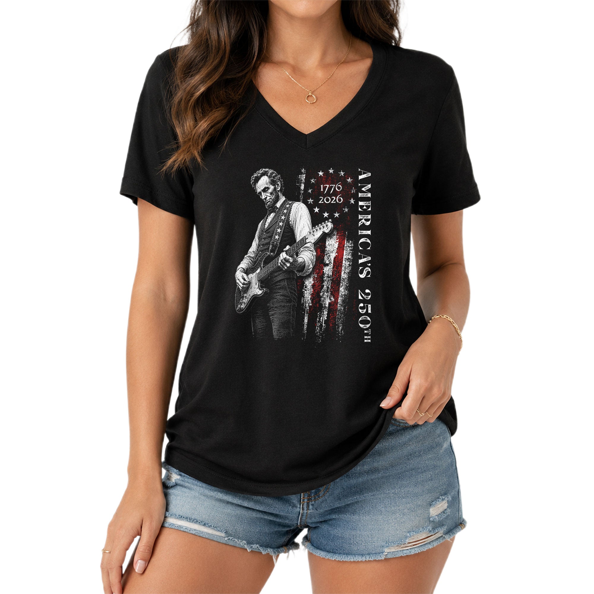 Patriotic Lincoln Flag V-Neck Shirt Vintage 1776-2026 America 250th Womens Tee
