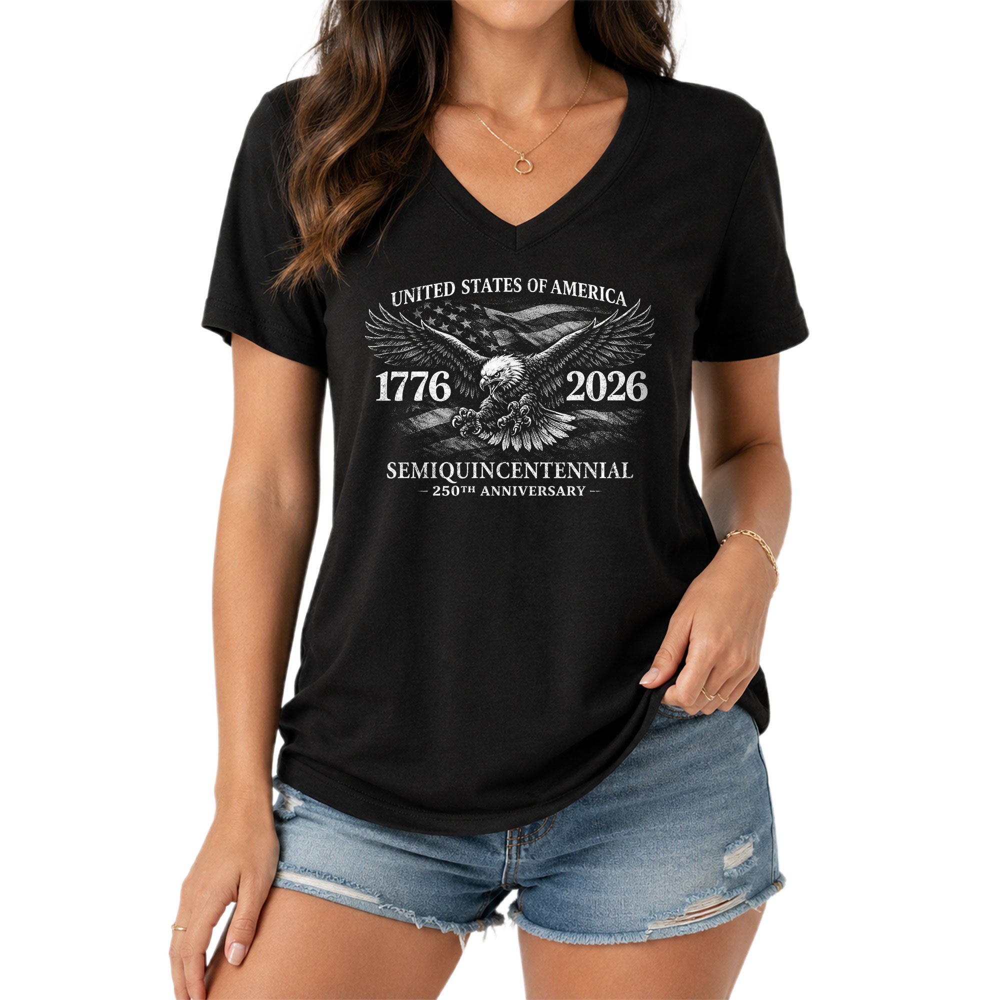 Patriotic V-Neck T-Shirt Women Eagle 1776-2026 Graphic United States History Casual Tee