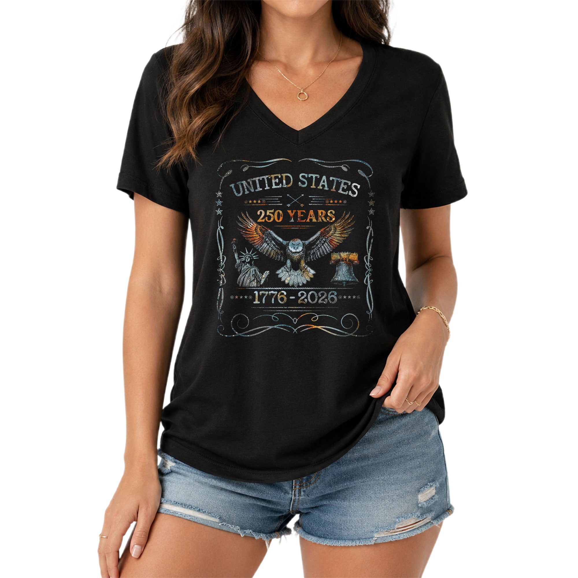 Patriotic V-Neck T-Shirt Women United States Eagle 1776-2026 Graphic Design Tee