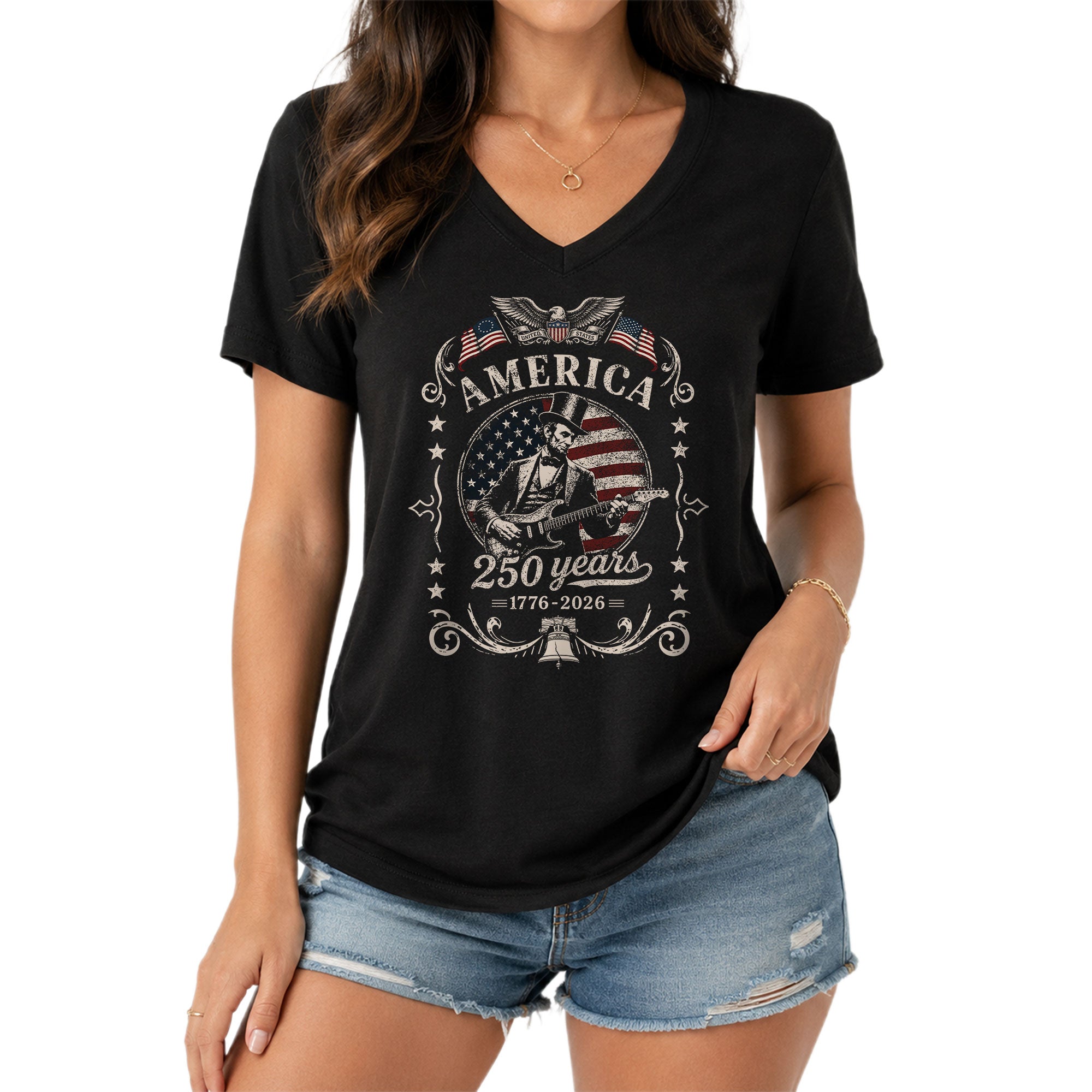 Lincoln Guitar V Neck T-Shirt Patriotic 1776-2026 America 250 Years Graphic Tee
