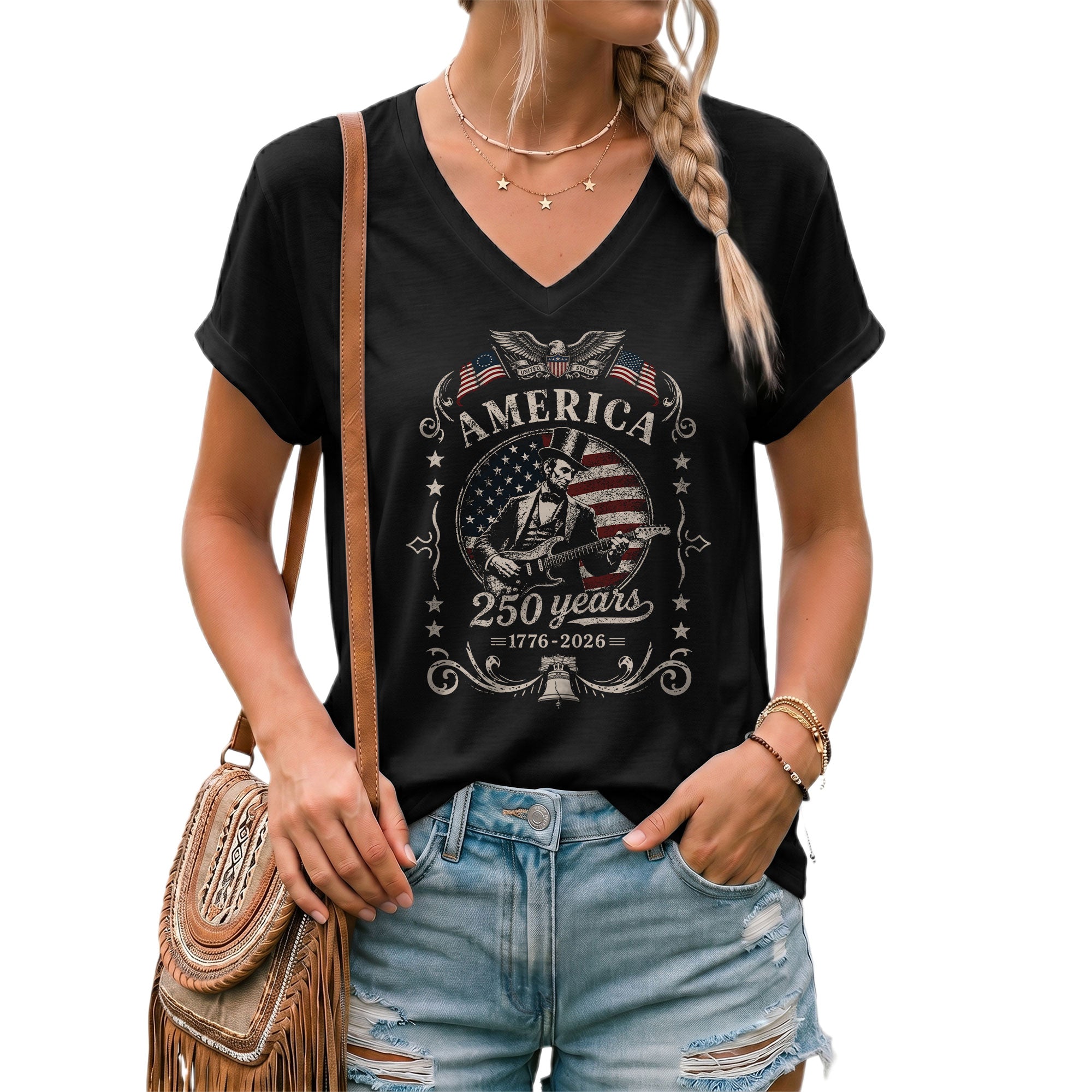 Lincoln Guitar V Neck T-Shirt Patriotic 1776-2026 Freedom Anniversary Tee