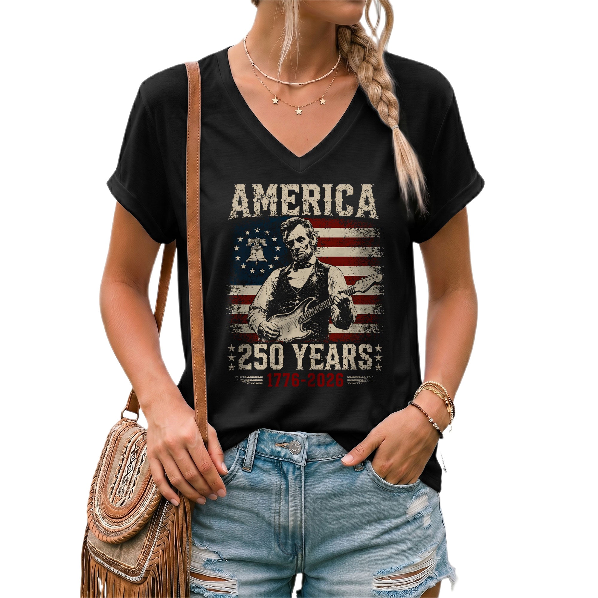 Liberty Bell Lincoln V-Neck Shirt Vintage 1776-2026 250 Years Patriotic Women Tee