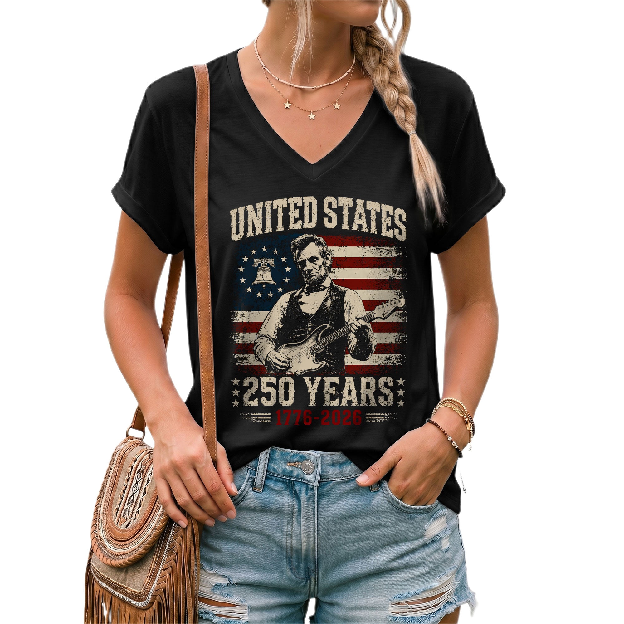 Liberty Bell Lincoln V-Neck Shirt Vintage 1776-2026 250 Years Patriotic Women Tee