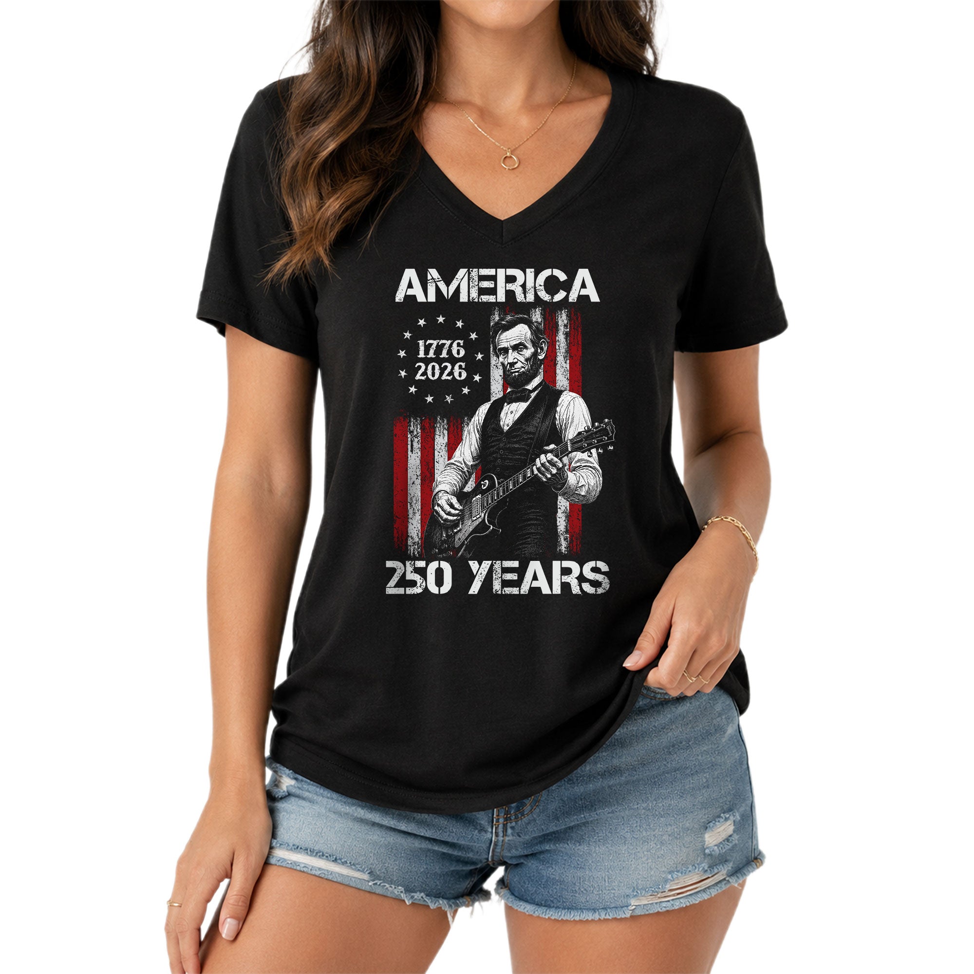 Patriotic Lincoln Flag V-Neck Shirt Vintage 1776-2026 America 250 Years Womens Tee