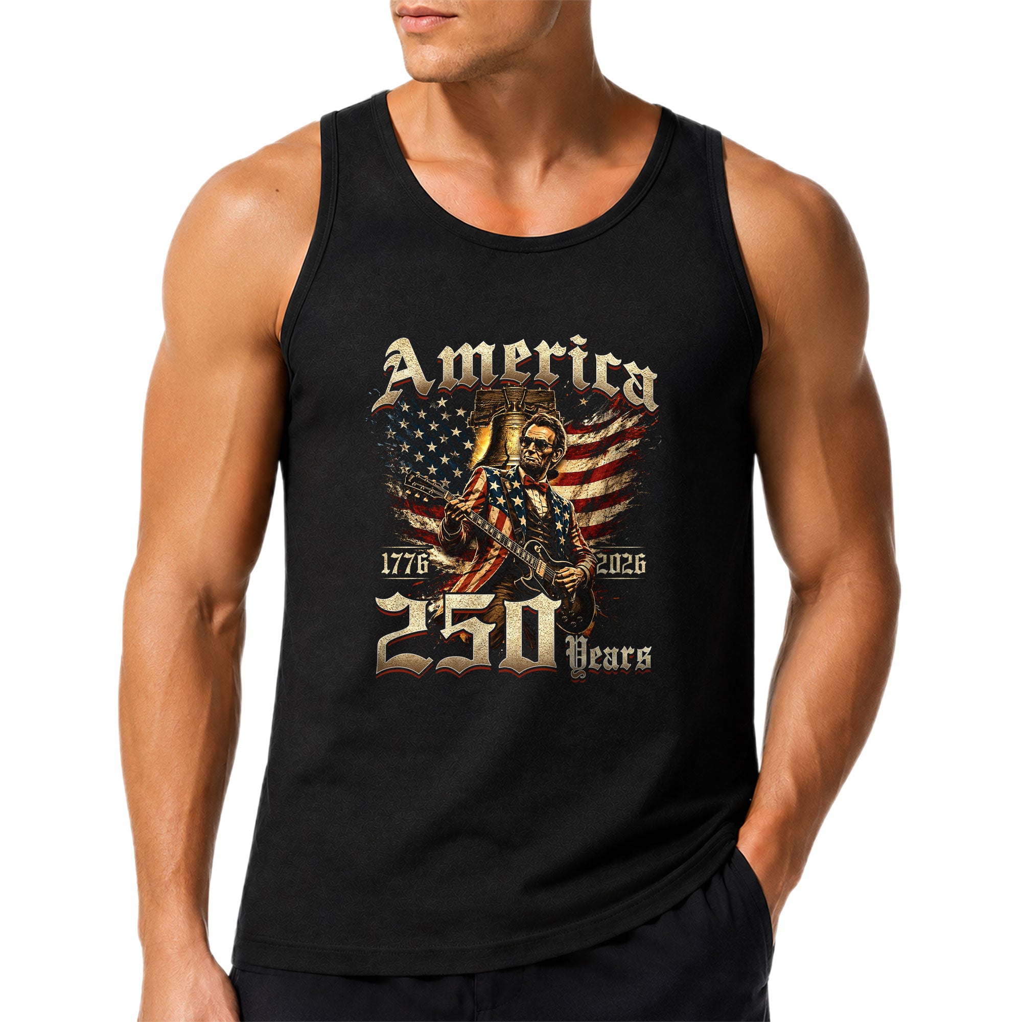 Patriotic Men's Tank Top Lincoln Guitar Graphic Print 1776-2026 Historical Style Shirt