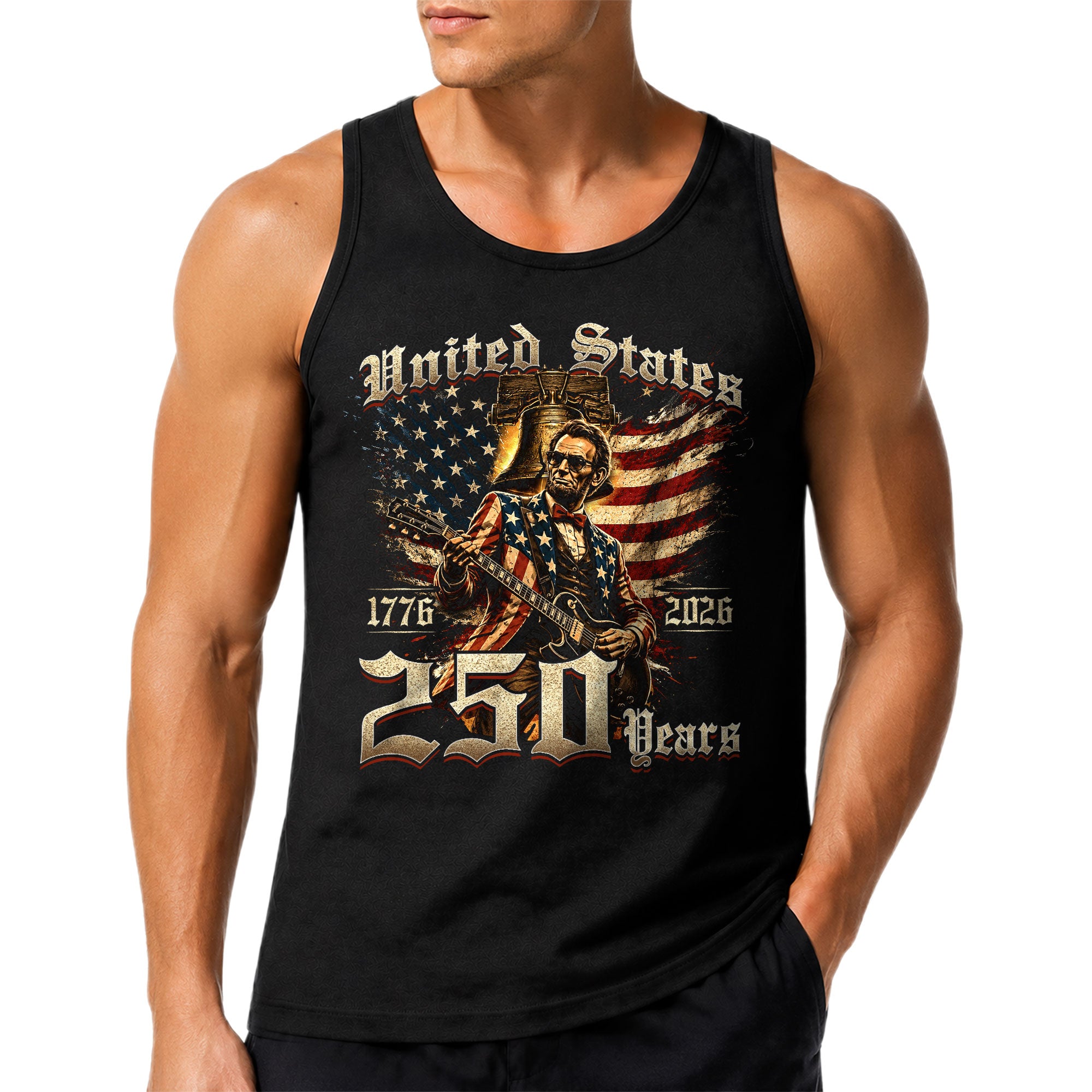 Patriotic Men's Tank Top Lincoln Guitar Graphic Print 1776-2026 Historical Style Shirt