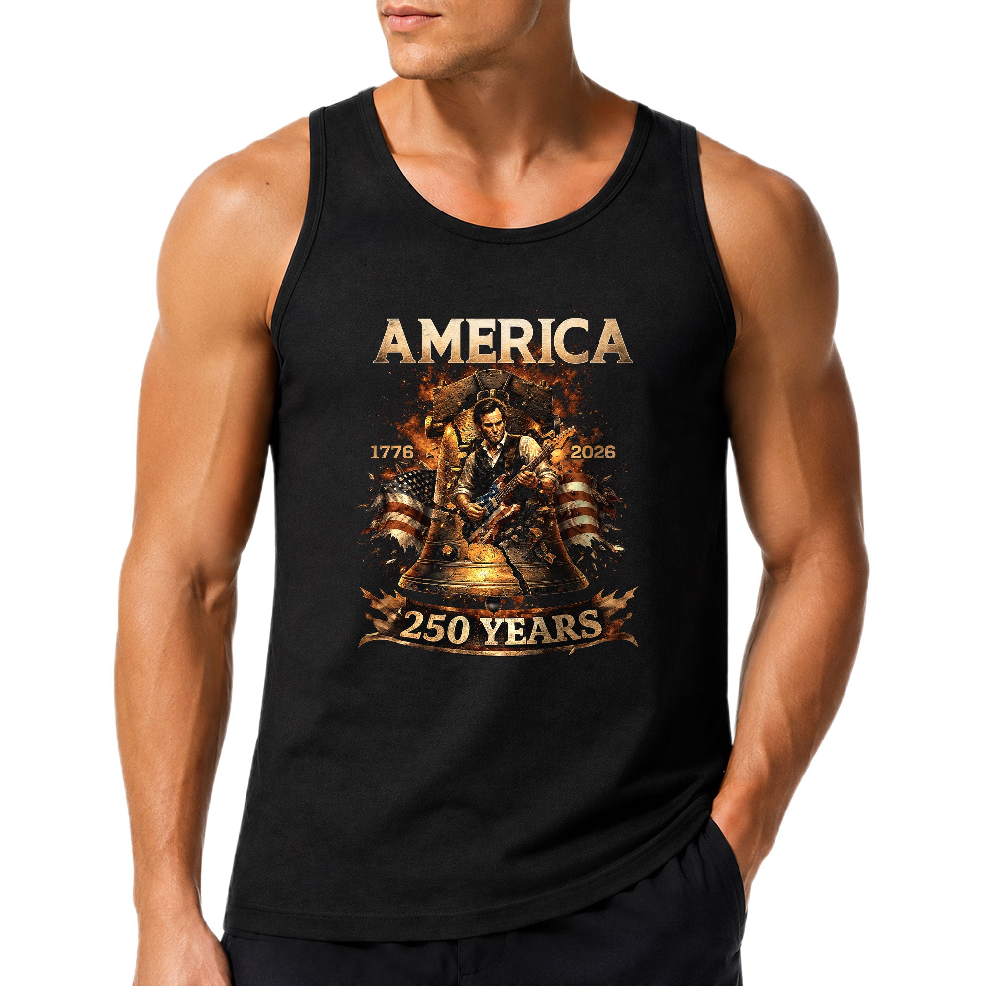Men's Tank Top Patriotic Guitarist Bell Graphic 1776-2026 Historical Style Sleeveless Tee