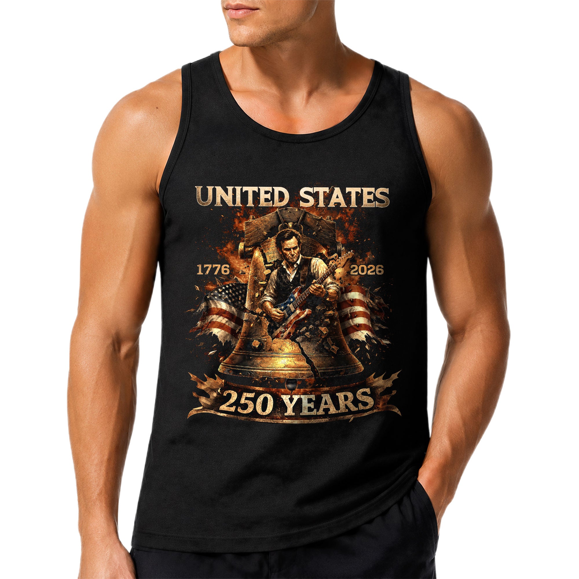 Men's Tank Top Patriotic Guitarist Bell Graphic 1776-2026 Historical Style Sleeveless Tee