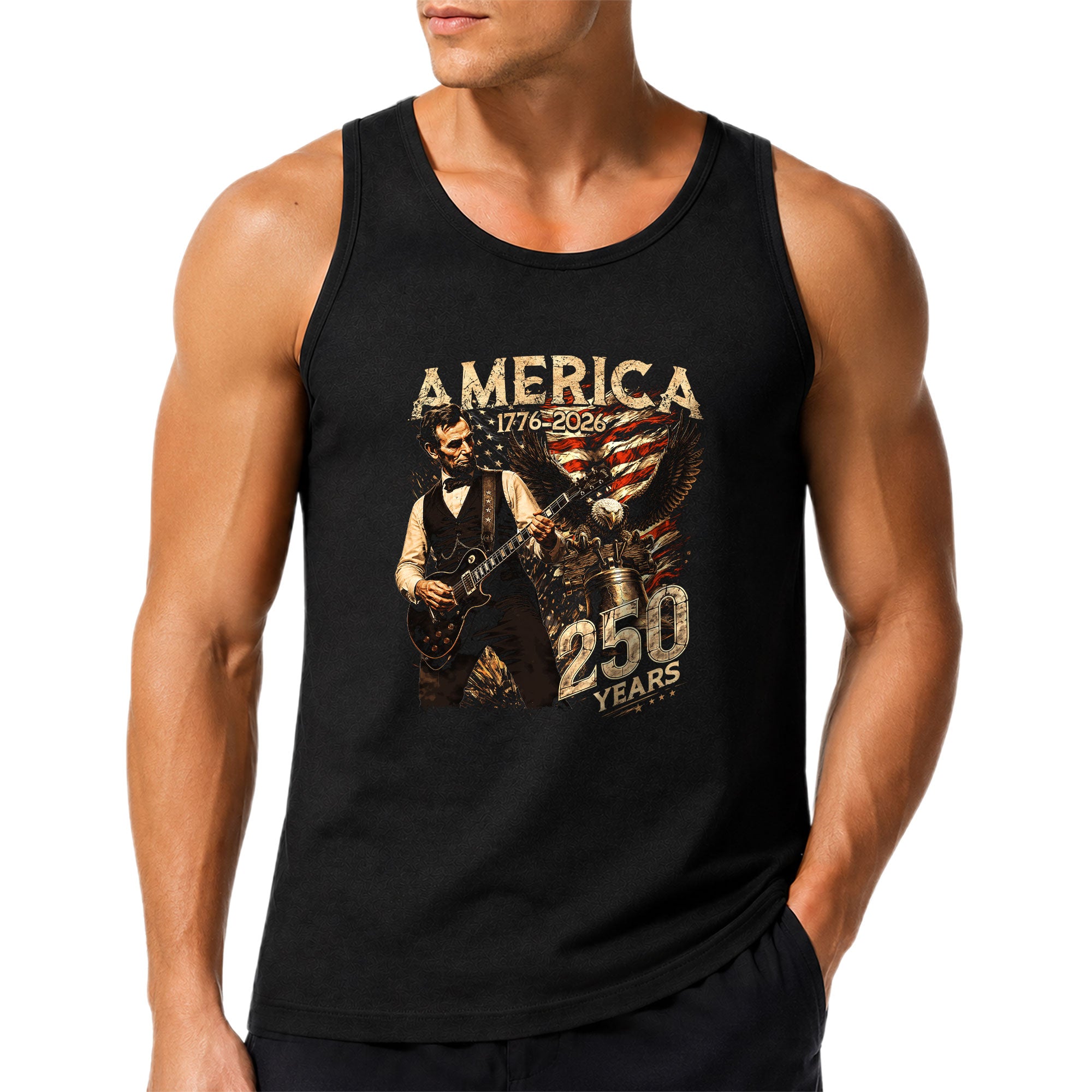 Men's Patriotic Tank Top Abraham Lincoln Guitar Graphic 1776-2026 Historical Style Tee