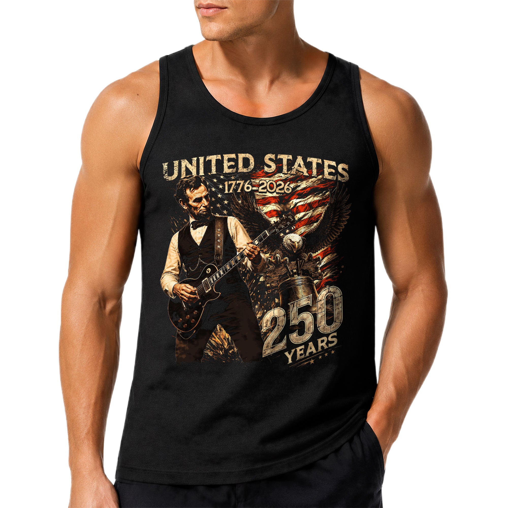 Men's Patriotic Tank Top Abraham Lincoln Guitar Graphic 1776-2026 Historical Style Tee