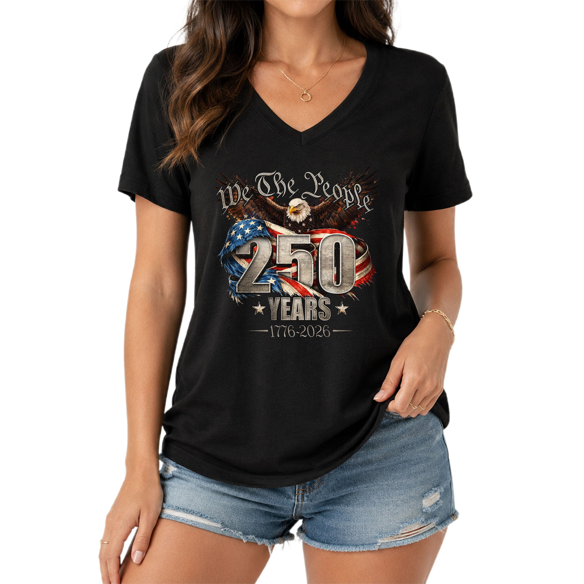 We The People V Neck T-Shirt Patriotic Eagle 1776-2026 America 250 Years Navy Tee