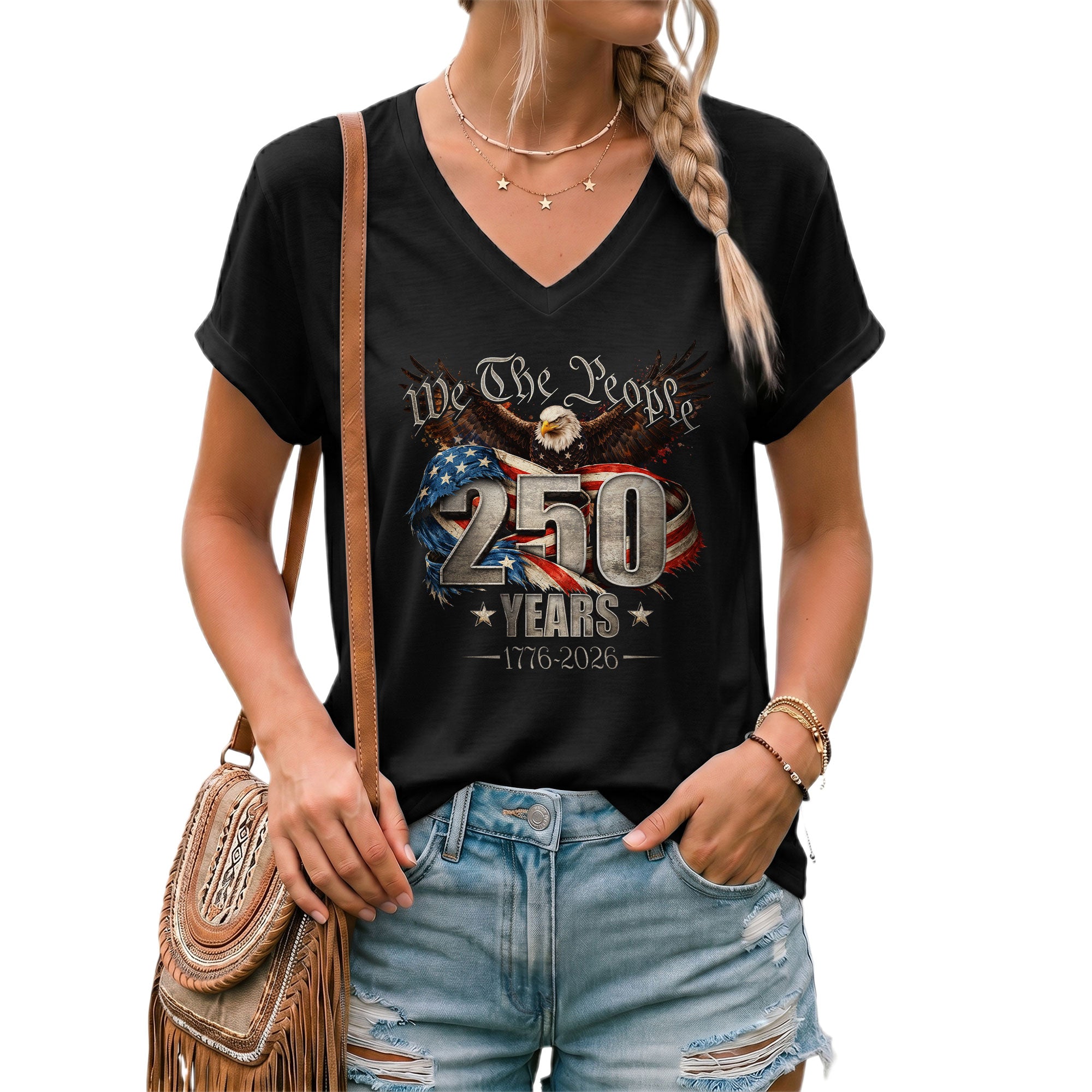 We The People V Neck T-Shirt Patriotic Eagle 1776-2026 America 250 Years Navy Tee