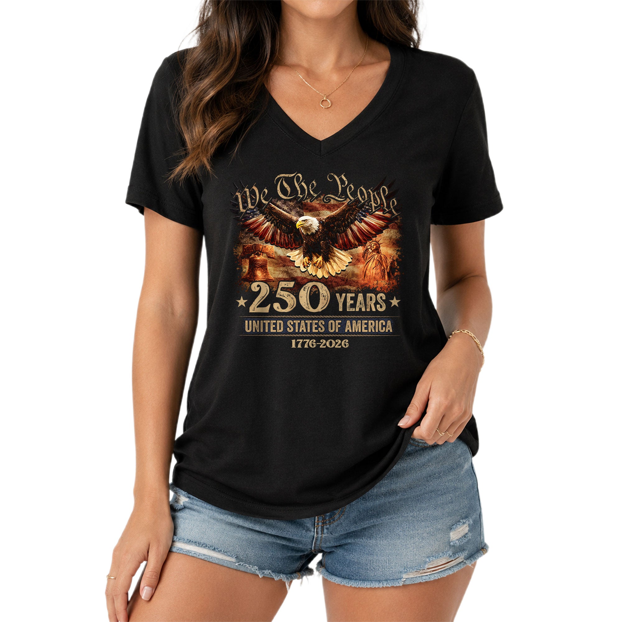 Patriotic Eagle Liberty Bell V-Neck Shirt Vintage 1776-2026 America 250 Years Tee