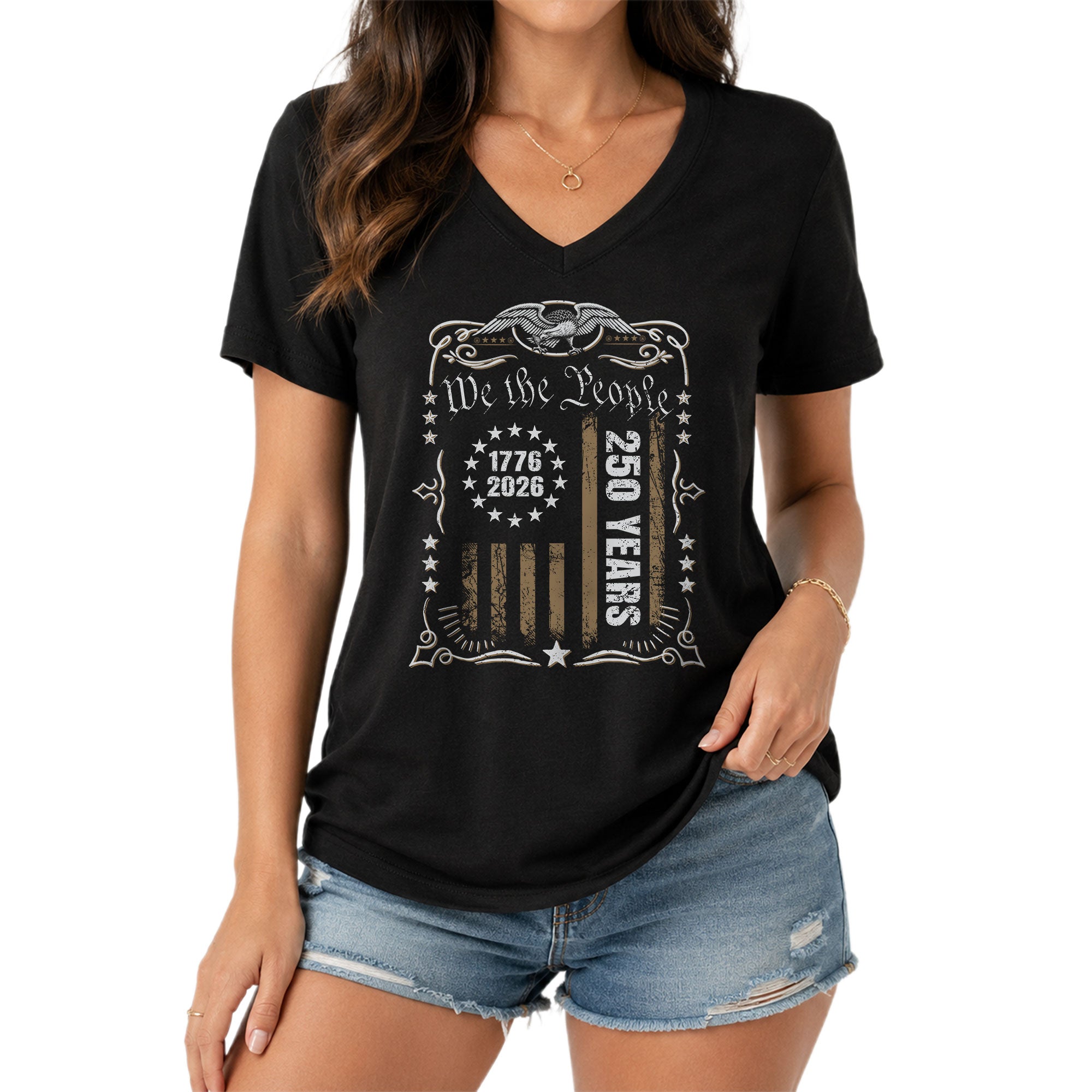 Patriotic 1776-2026 V-Neck Shirt Vintage We The People America 250 Years Womens Tee