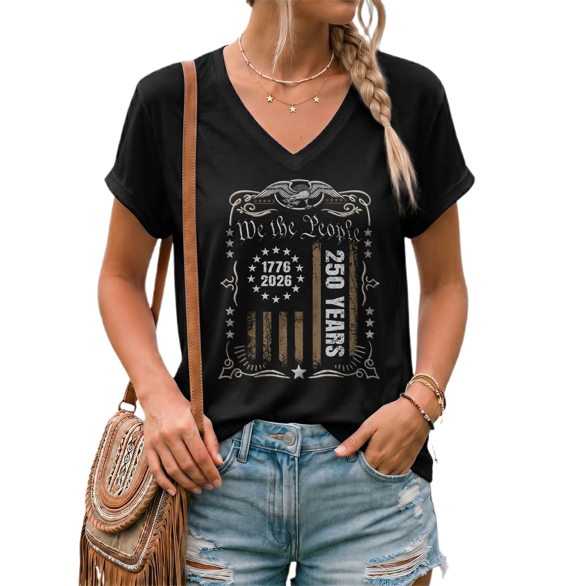 Patriotic 1776-2026 V-Neck Shirt Vintage We The People America 250 Years Womens Tee