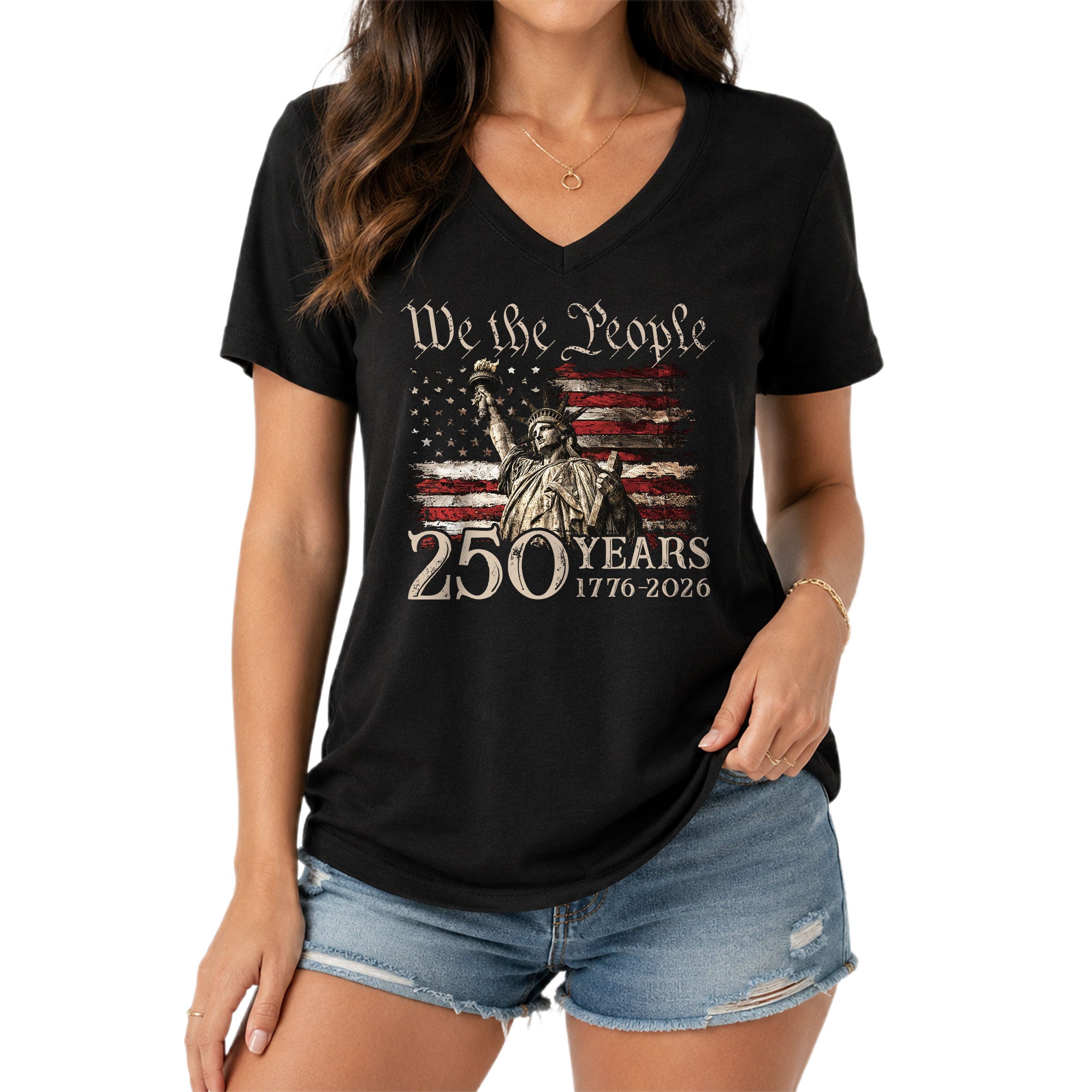 250 Years We The People V-Neck T-Shirt Patriotic Statue of Liberty USA 1776-2026