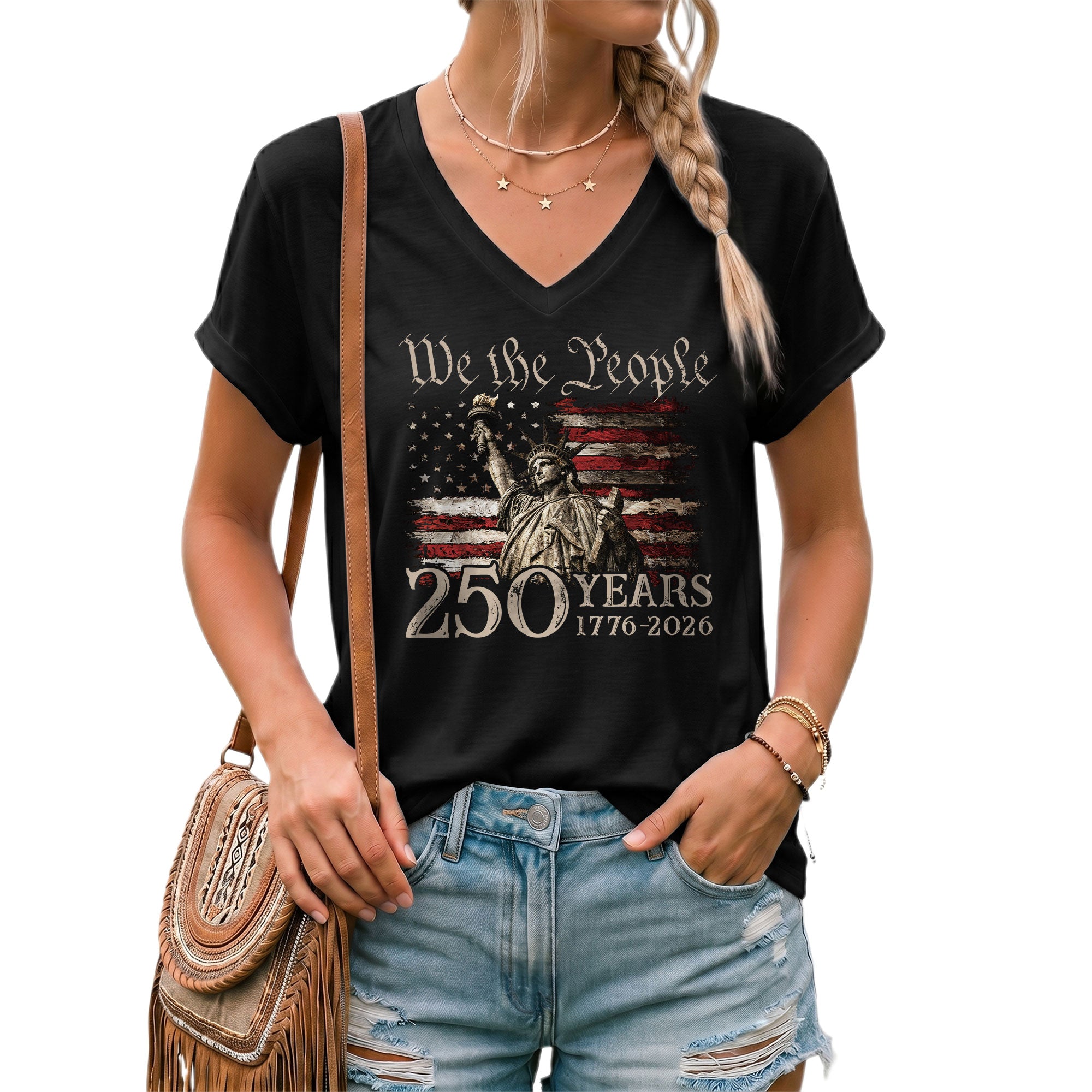 250 Years We The People V-Neck T-Shirt Patriotic Statue of Liberty USA 1776-2026