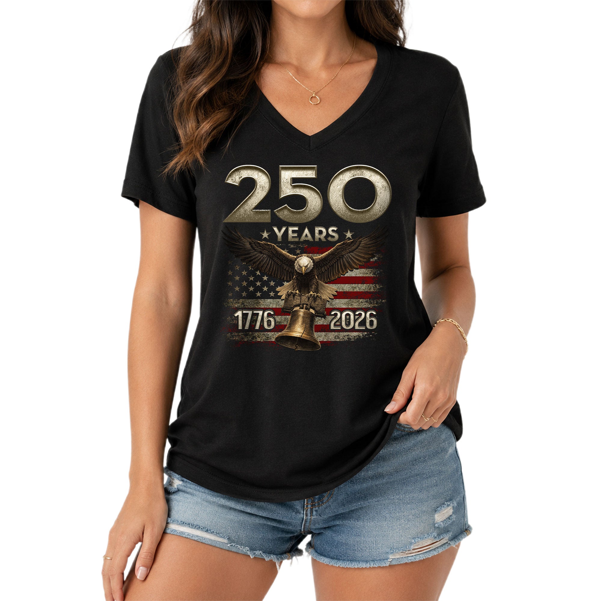 250 Years Eagle V-Neck T-Shirt Patriotic USA Flag 1776-2026 American Freedom Tee