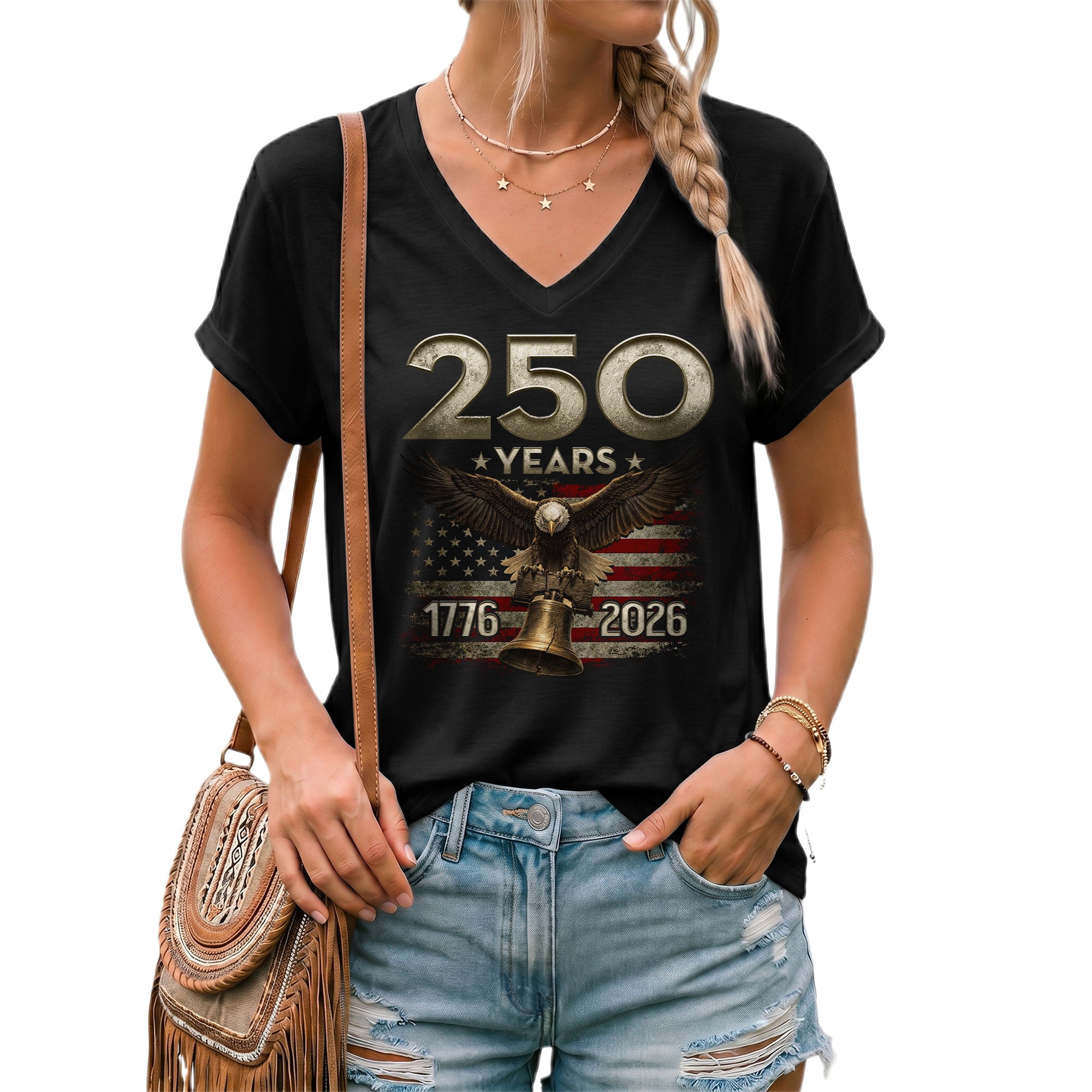 250 Years Eagle V-Neck T-Shirt Patriotic USA Flag 1776-2026 American Freedom Tee